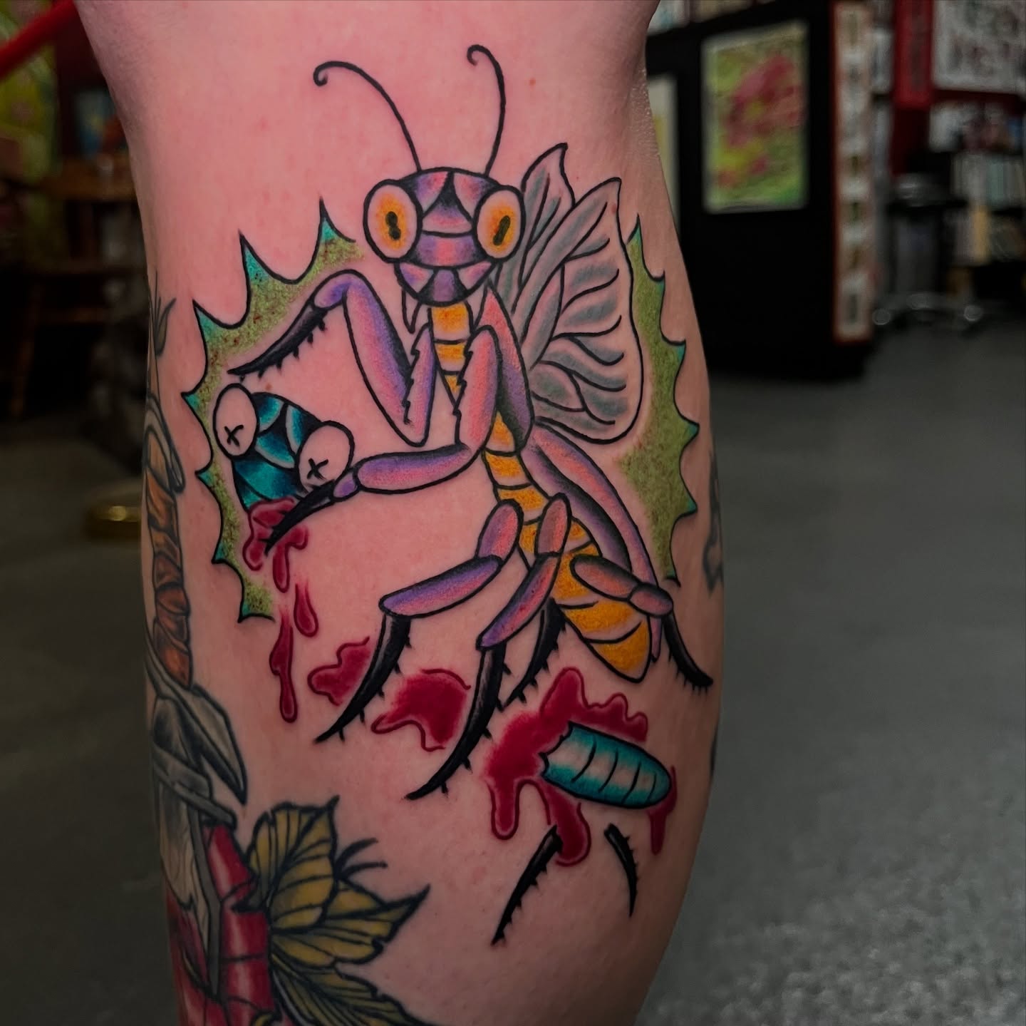Praying mantis American traditional tattoo on the forearm by Bre