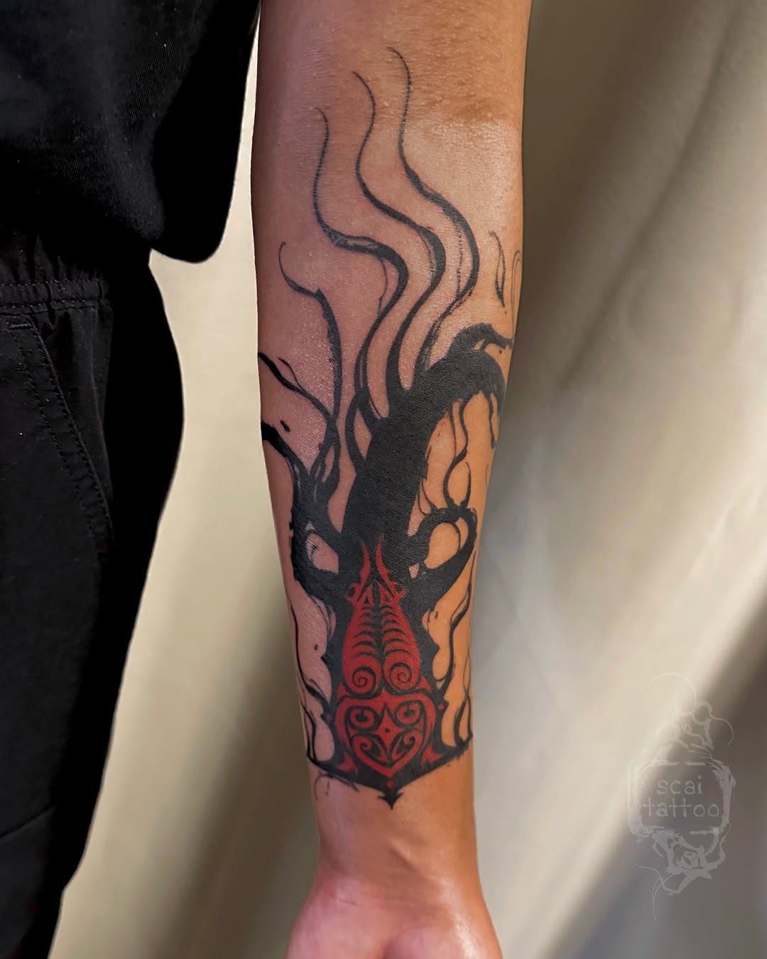 Tree with tribal design cyber sigilism tattoo on the forearm by scaitattoo