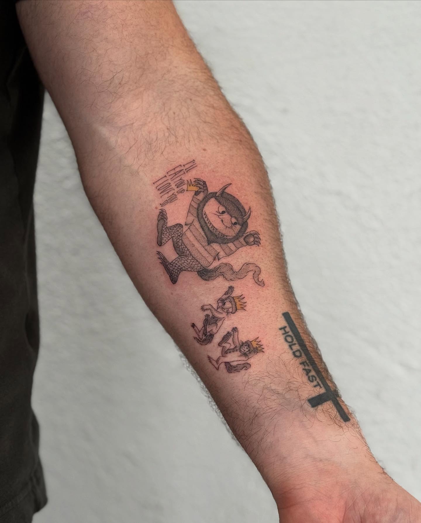 Demon and crow black and grey tattoo on the forearm by Karina ⋆⭒˚.⋆