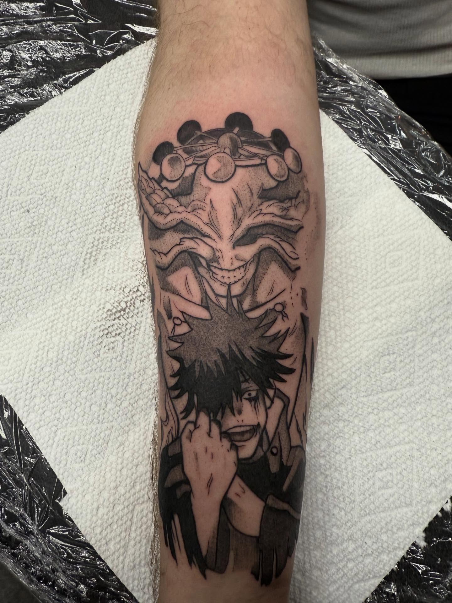 Japanese demon and boy dotwork tattoo on the forearm by Kylee langford 🧿