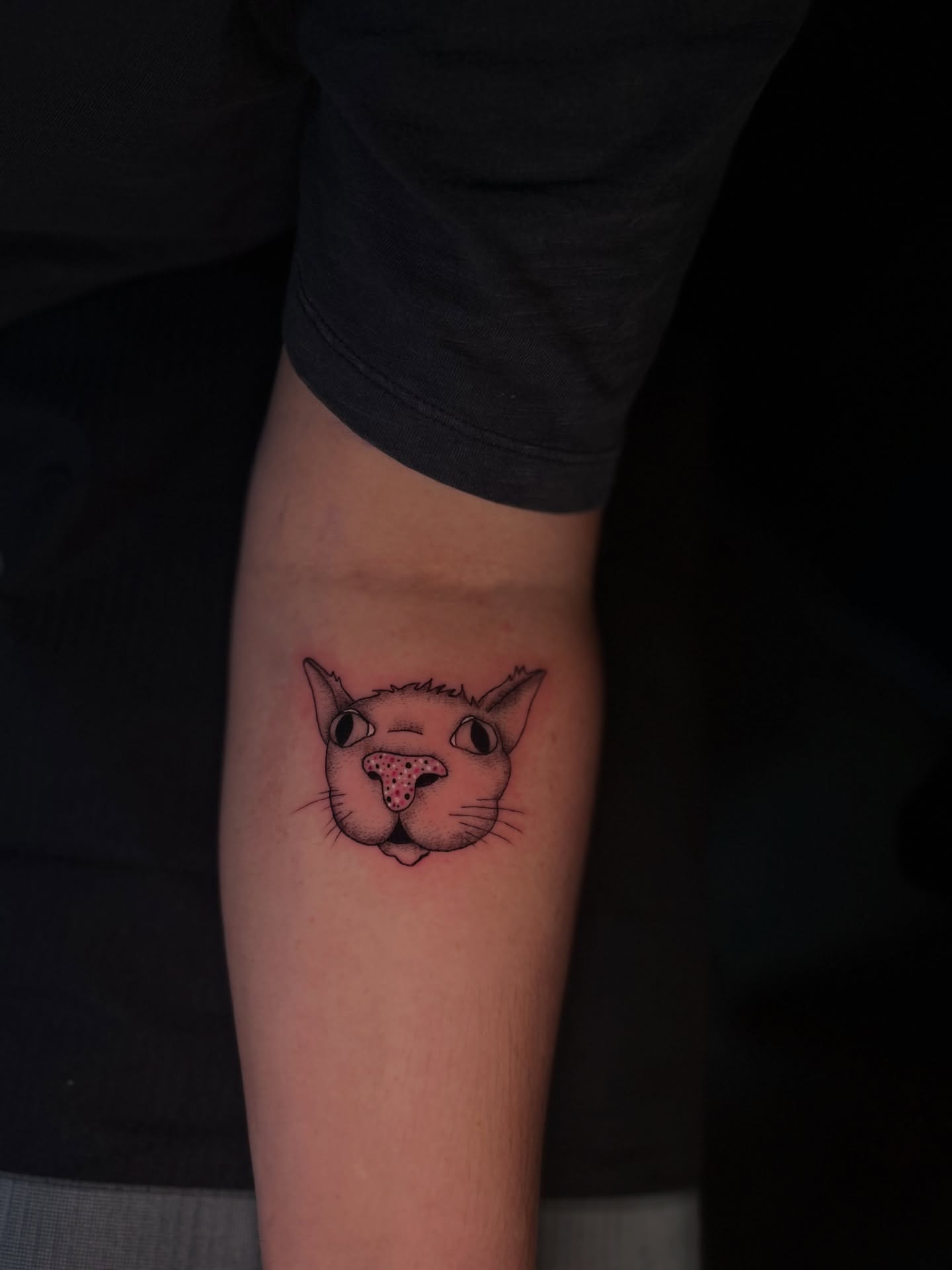 Cat face realism tattoo on the forearm by Torrey, Austin, Texas