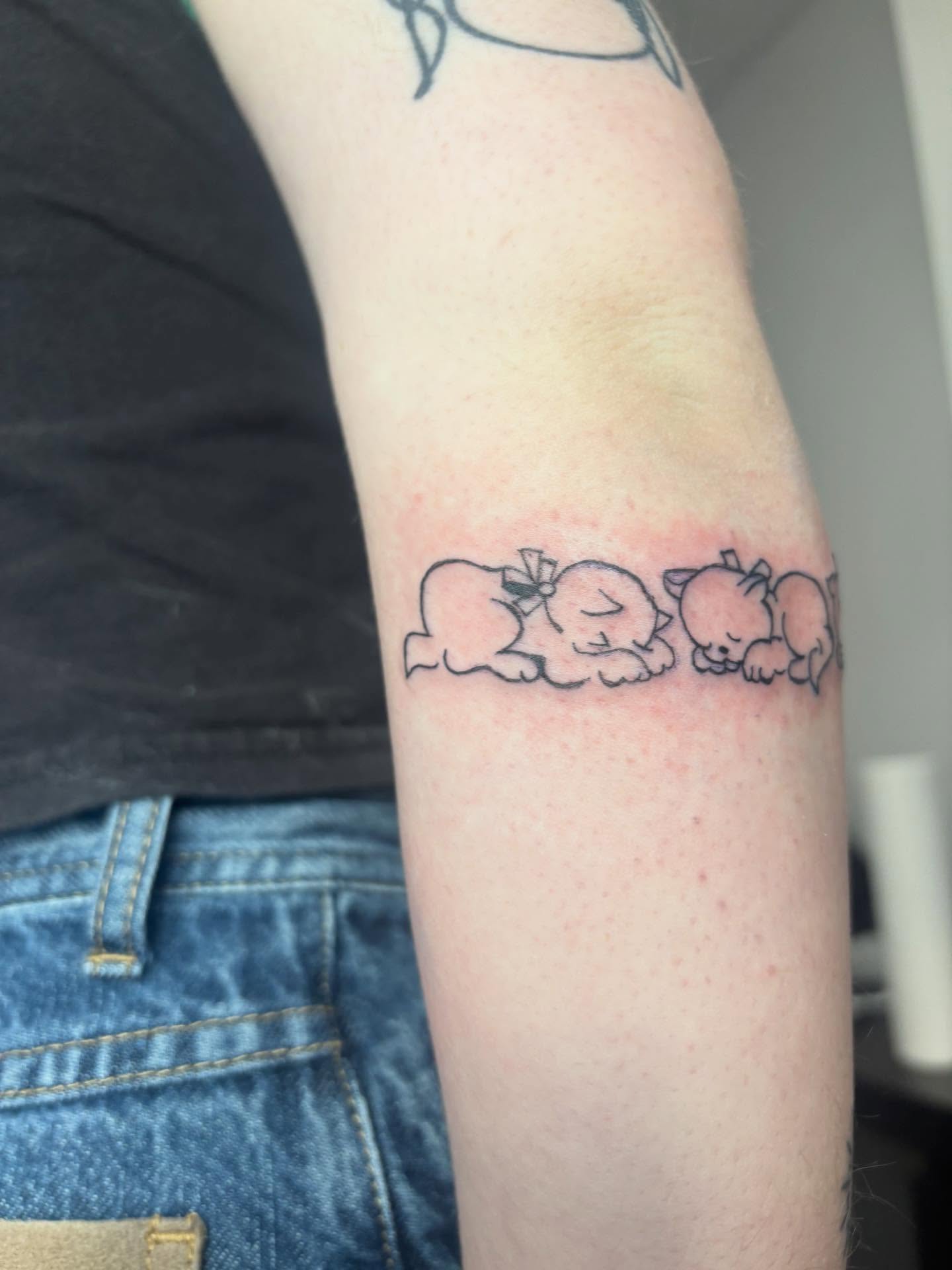 Three sleeping cats fine line tattoo on the forearm by Mickey
