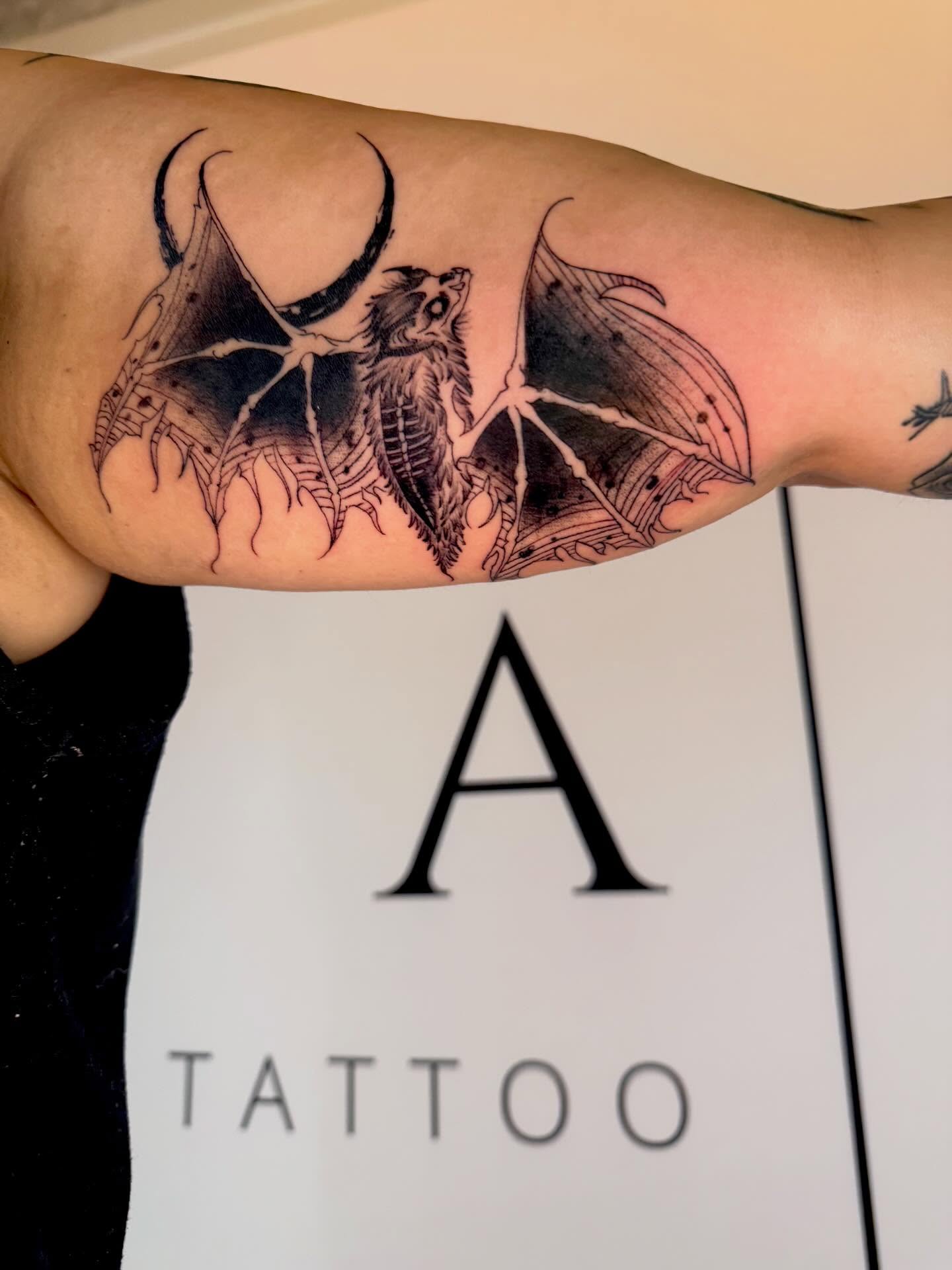 Bat black and grey tattoo on the forearm by Paul Calhoun Tattoos, Englewood, Ohio