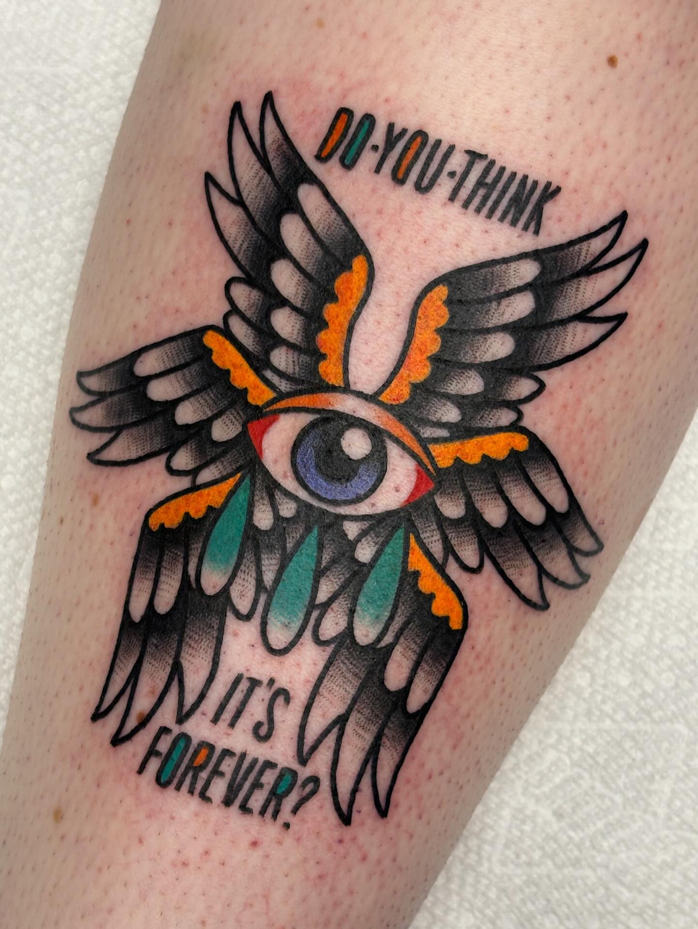 Eye with wings American traditional tattoo on the forearm by Dakota Amato