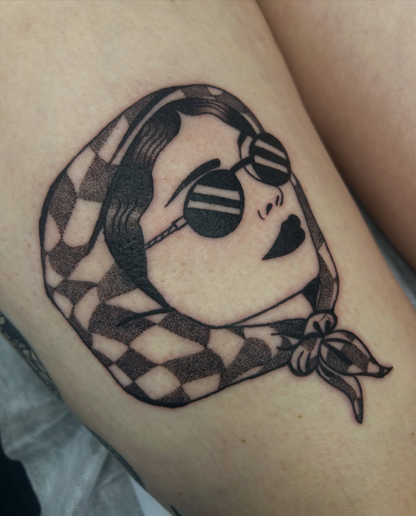 Headphones and bandana dotwork tattoo on the thigh by ❆ minneapolis tattoo artist ❆