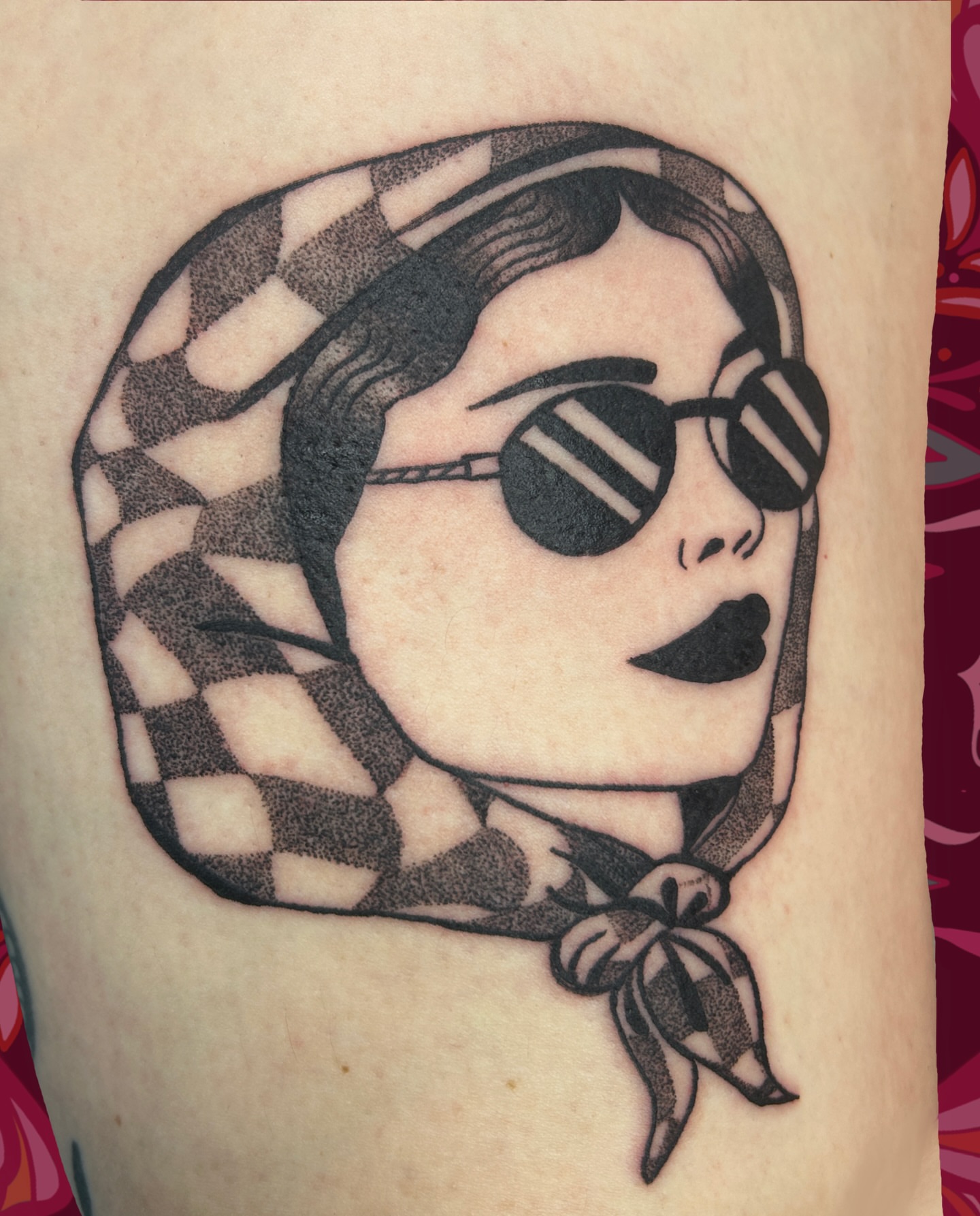 Woman wearing sunglasses and checkered bandana black and grey tattoo on the forearm by ❆ minneapolis tattoo artist ❆