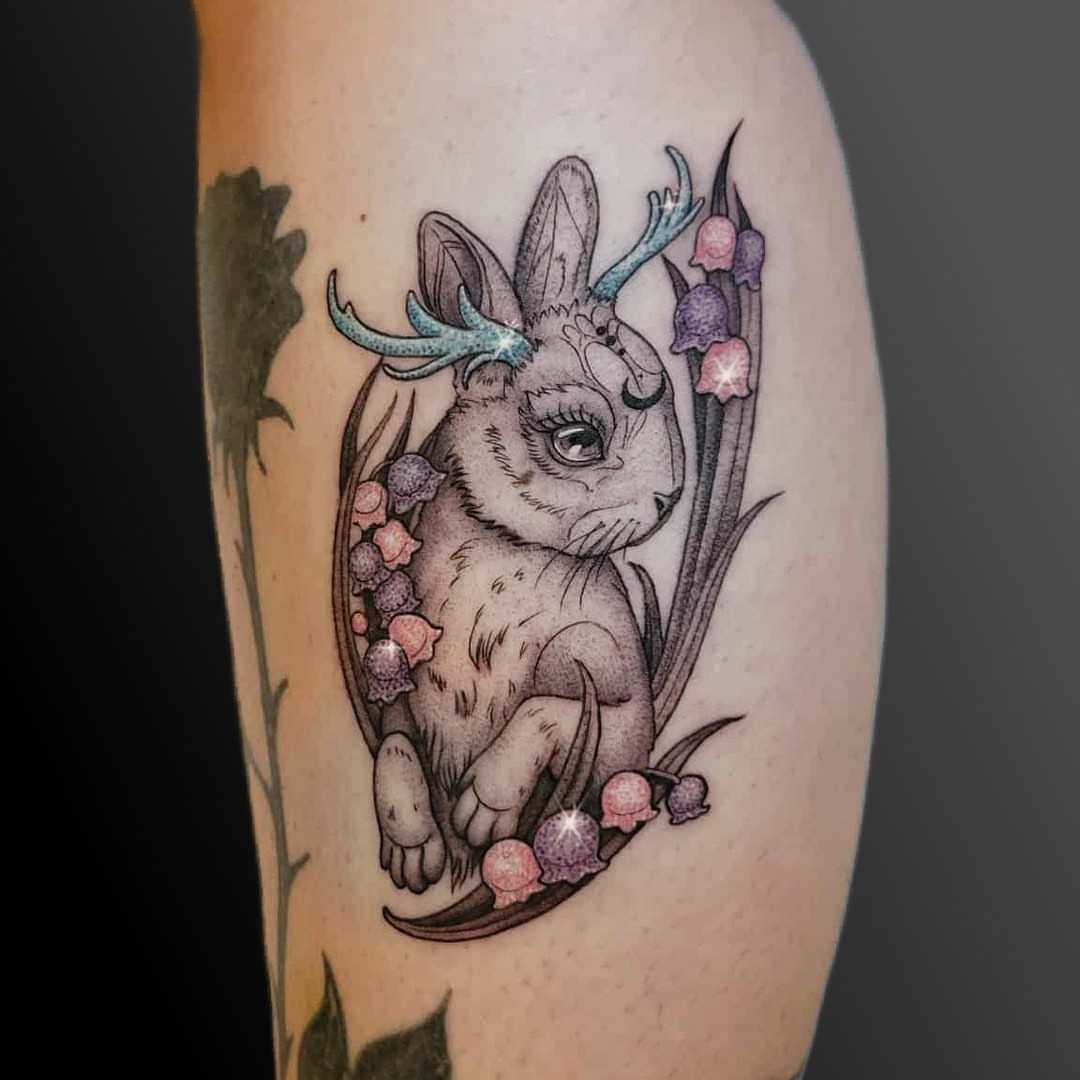 Rabbit with antlers realism tattoo on the forearm by Arick Reese