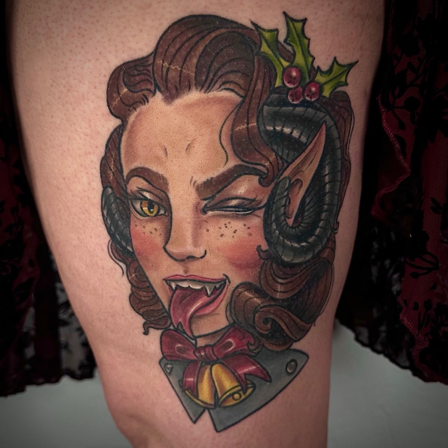 Elf woman American traditional tattoo on the thigh by ✨Sarah Knapp✨, Eugene, Oregon