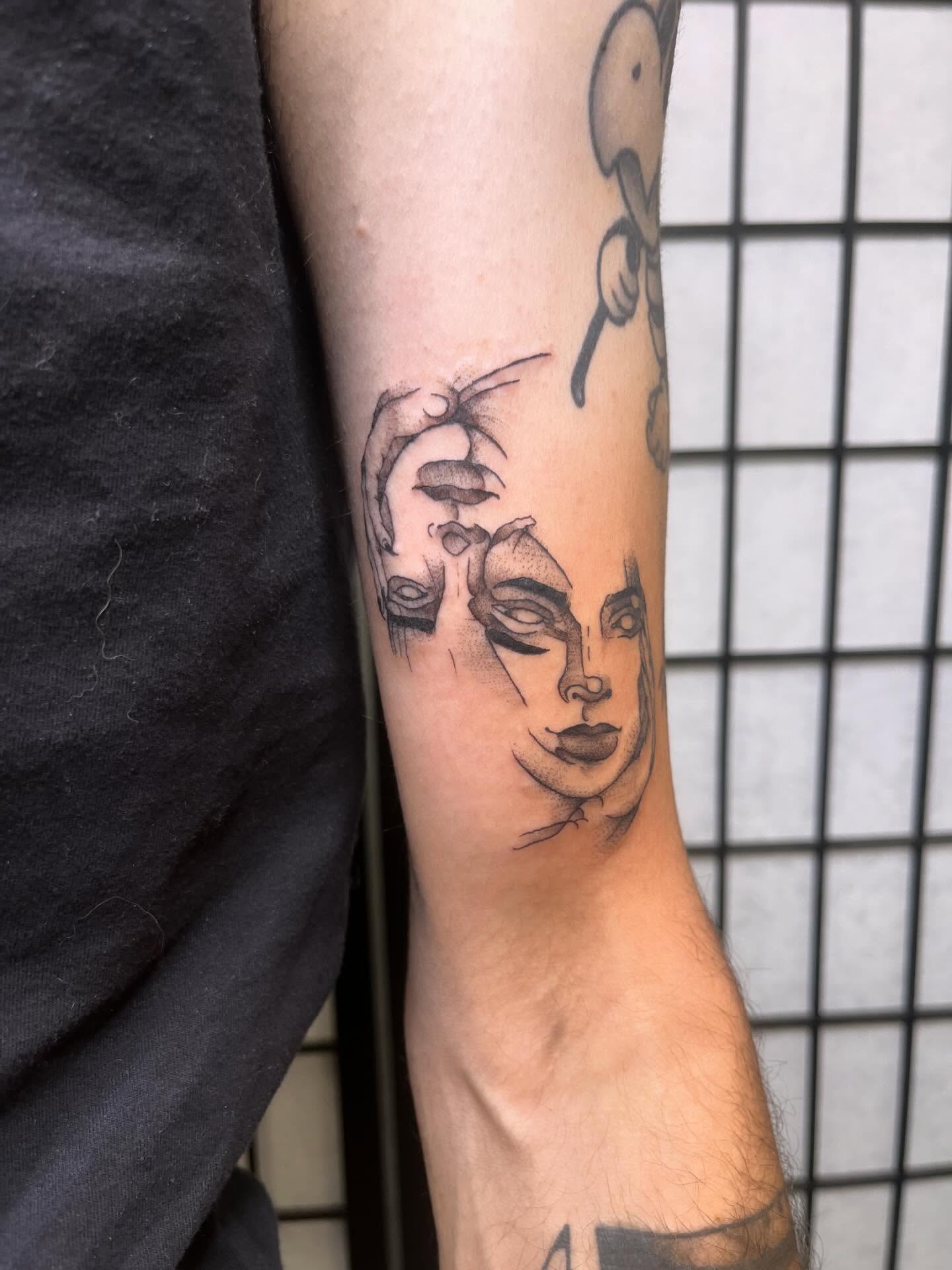 Abstract woman dotwork tattoo on the forearm by Ink by Hailey π