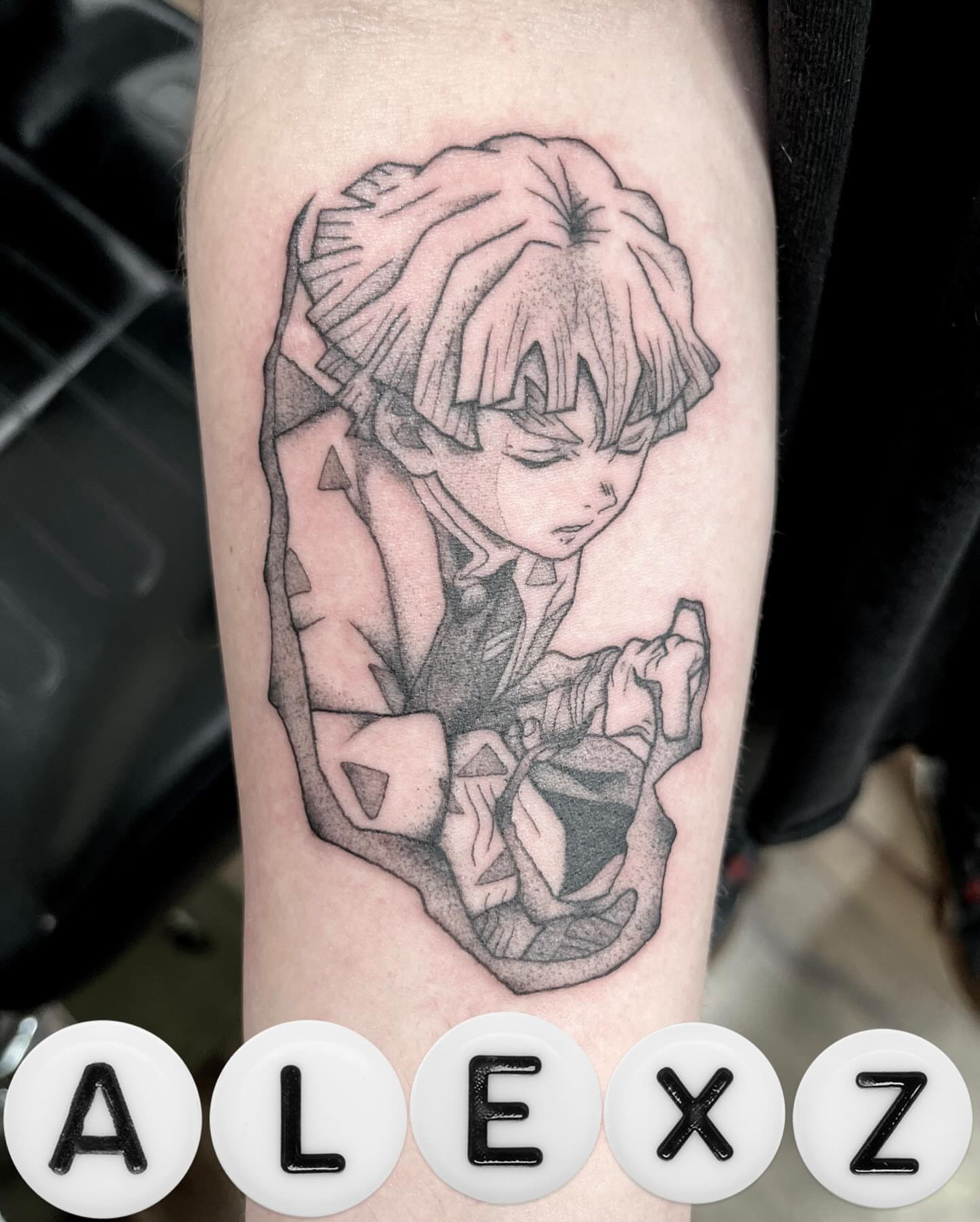 Tattoo by @alexztats — dotwork, anime