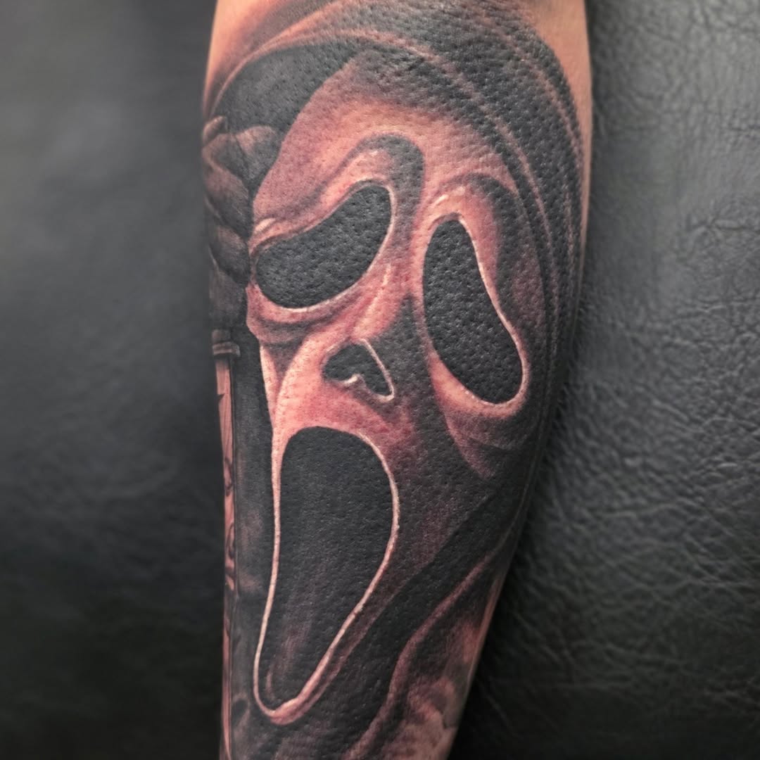 Ghostface mask from Scream realism tattoo on the forearm by Martin Colonna