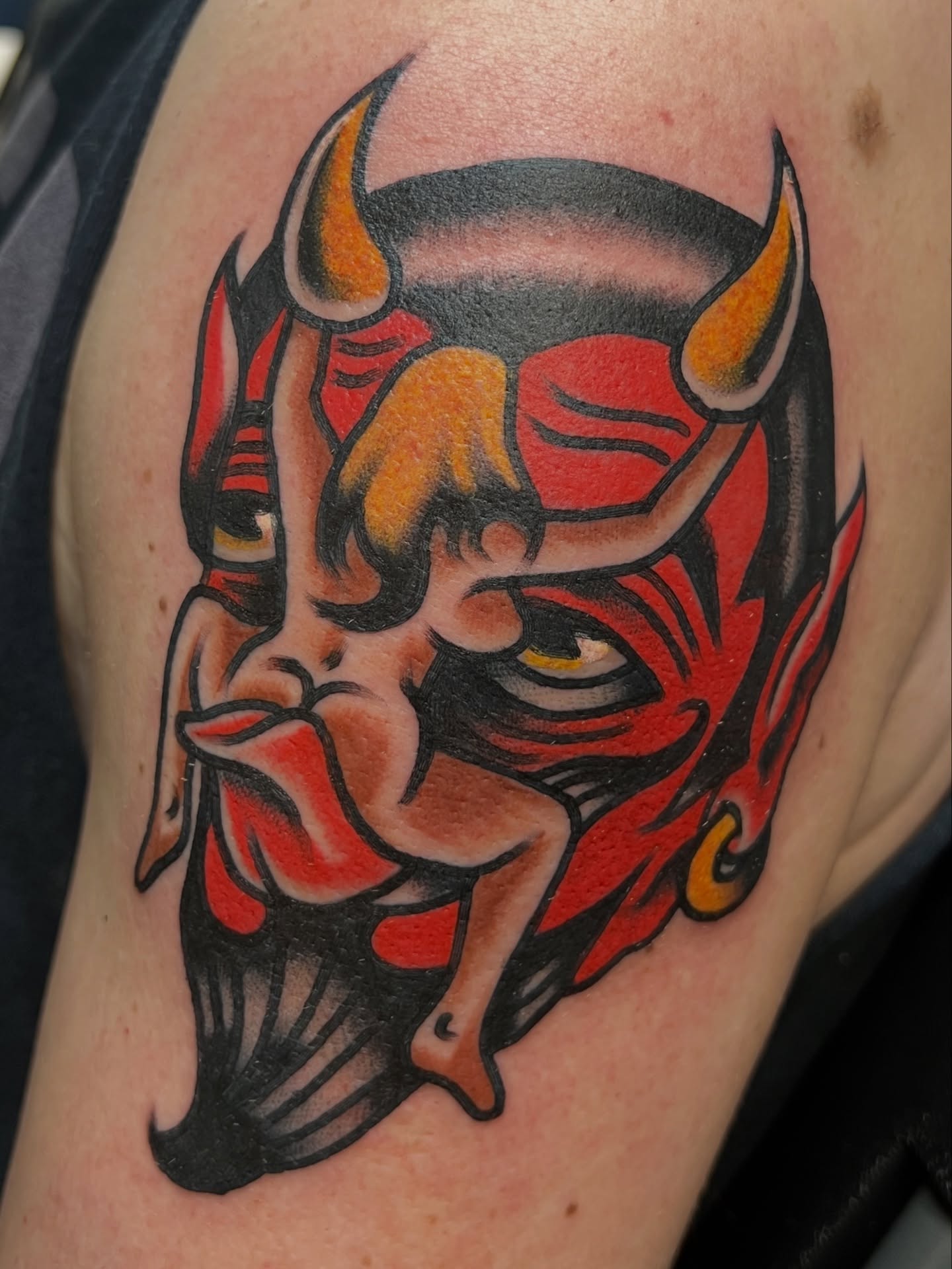 Demon head American traditional tattoo on the shoulder by 💥Jeff Klug💥, Austin, Texas