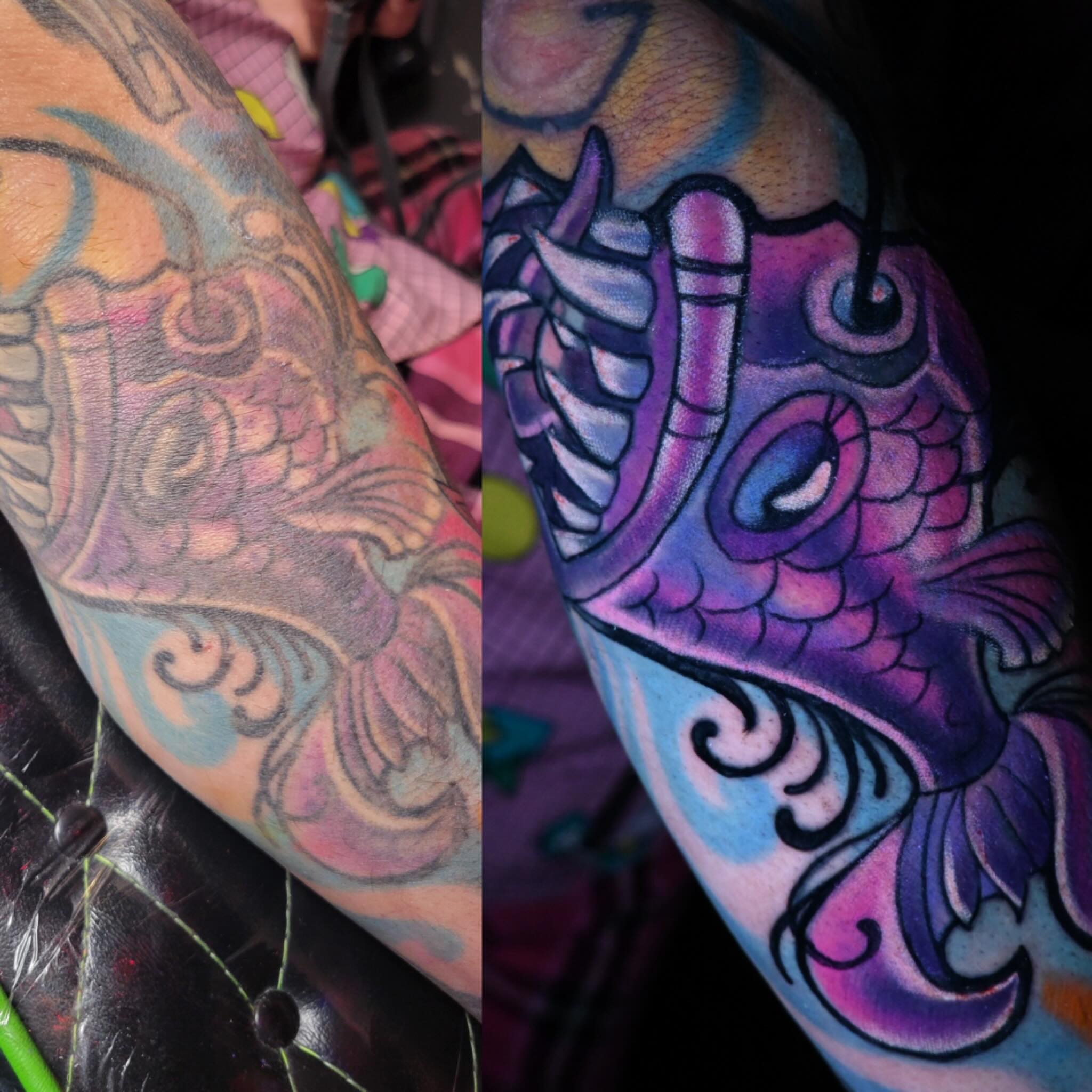 Koi fish japanese irezumi tattoo on the upper arm by William Pollock