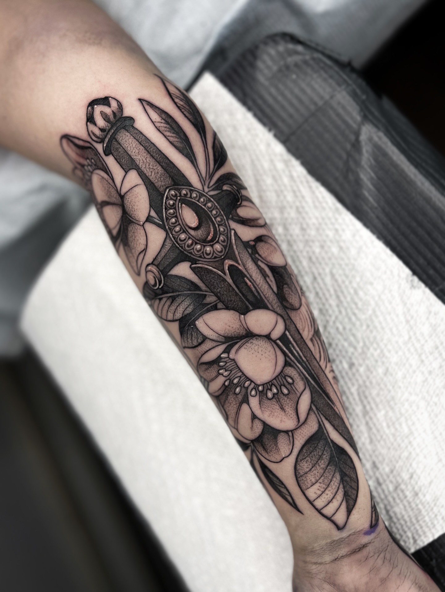 Tattoo by @kayseeshuster — black_and_grey, dotwork