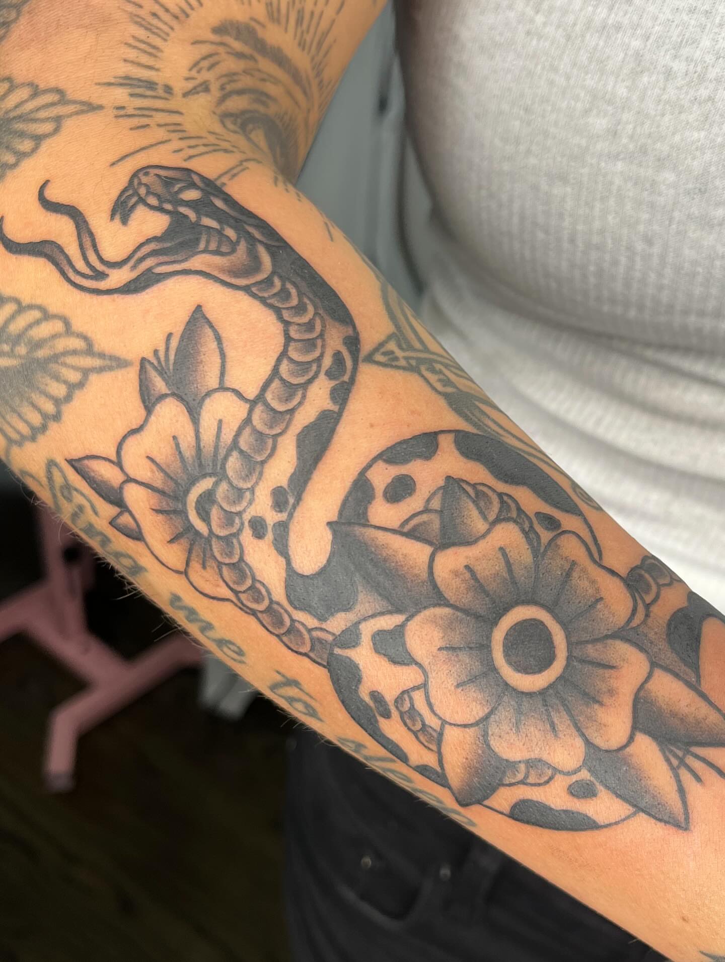 Tattoo by @maggieatattoo — american_traditional, black_and_grey