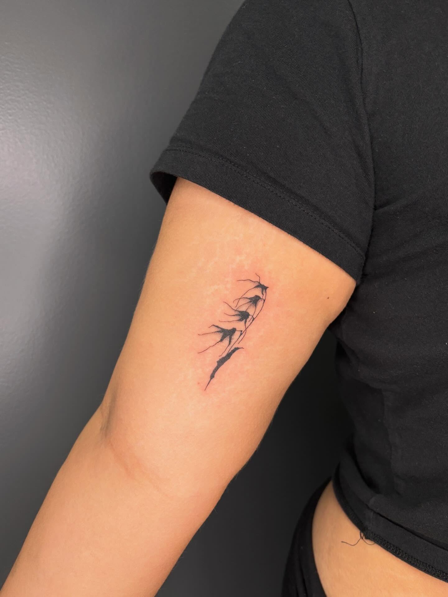 Birds fine line tattoo on the forearm by ꜱʜɪʀʟᴇʏ