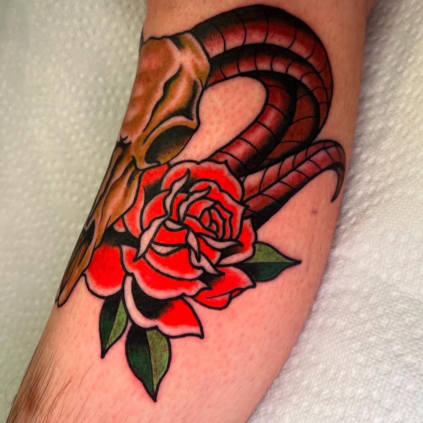Snake and rose American traditional tattoo on the forearm by CJ Ligocki - Ferndale Detroit Michigan Tattoo, Ferndale, Michigan