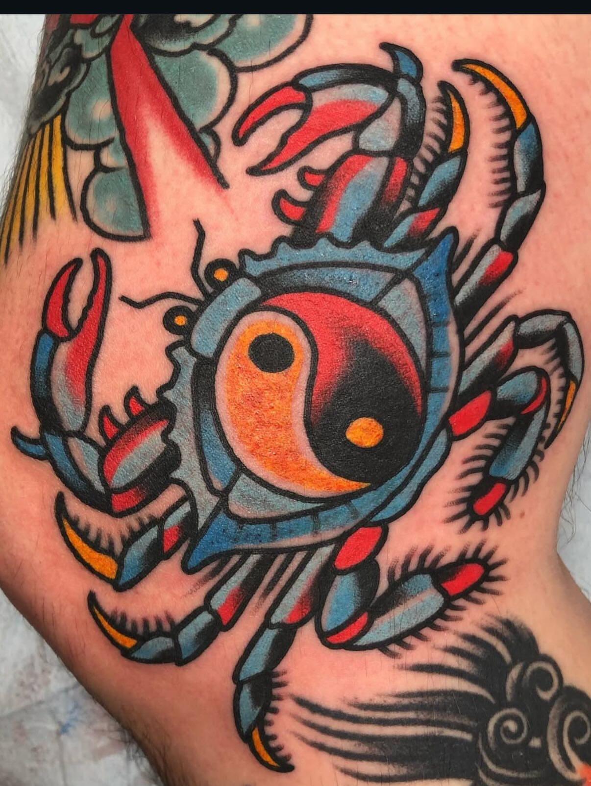 Crab American traditional tattoo on the forearm by Danny Reed, Asheville, North Carolina