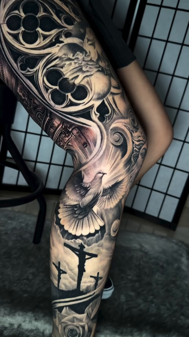 Gothic architecture and religious imagery realism tattoo by Anthony Ramirez