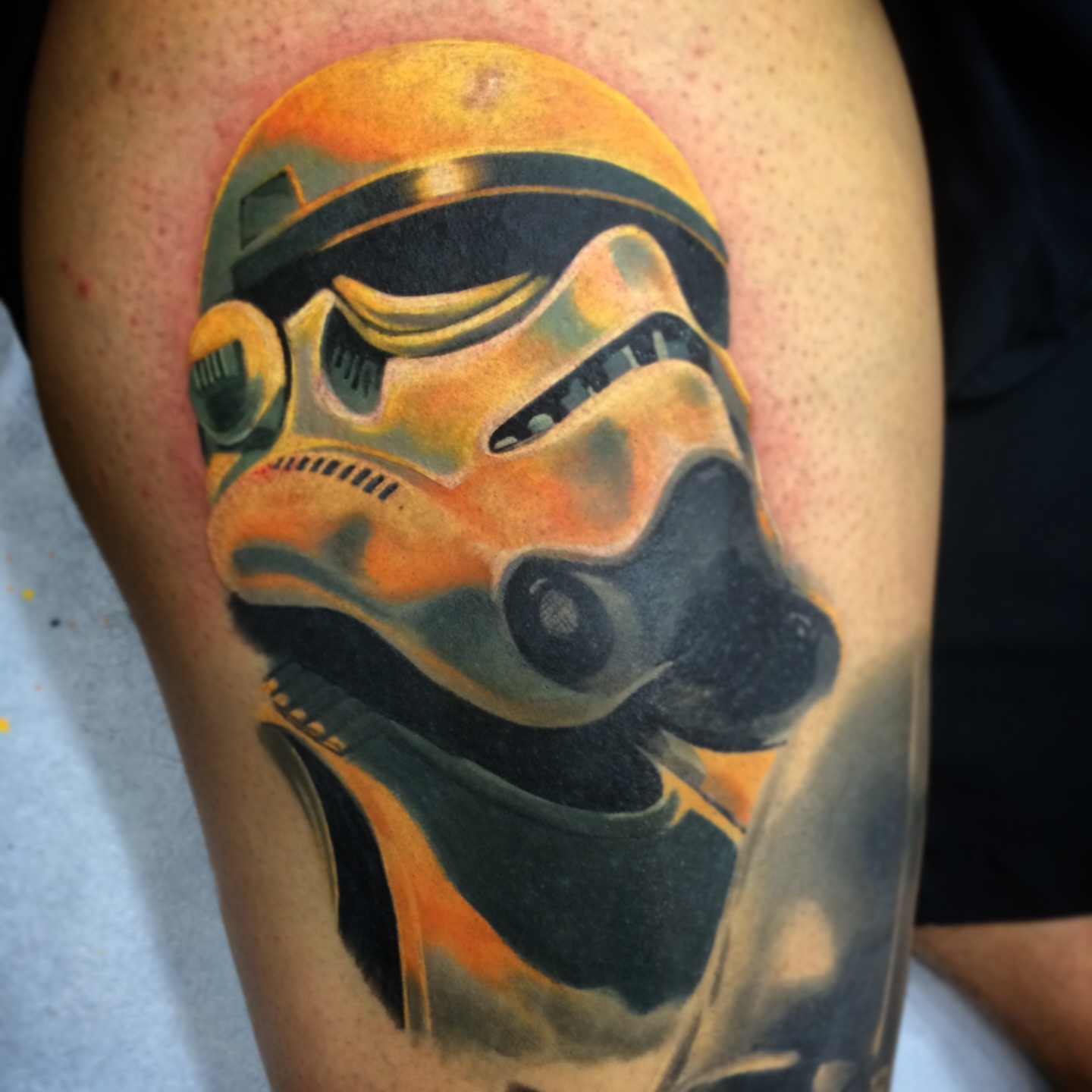Stormtrooper helmet realism tattoo on the forearm by Ben Viamontes