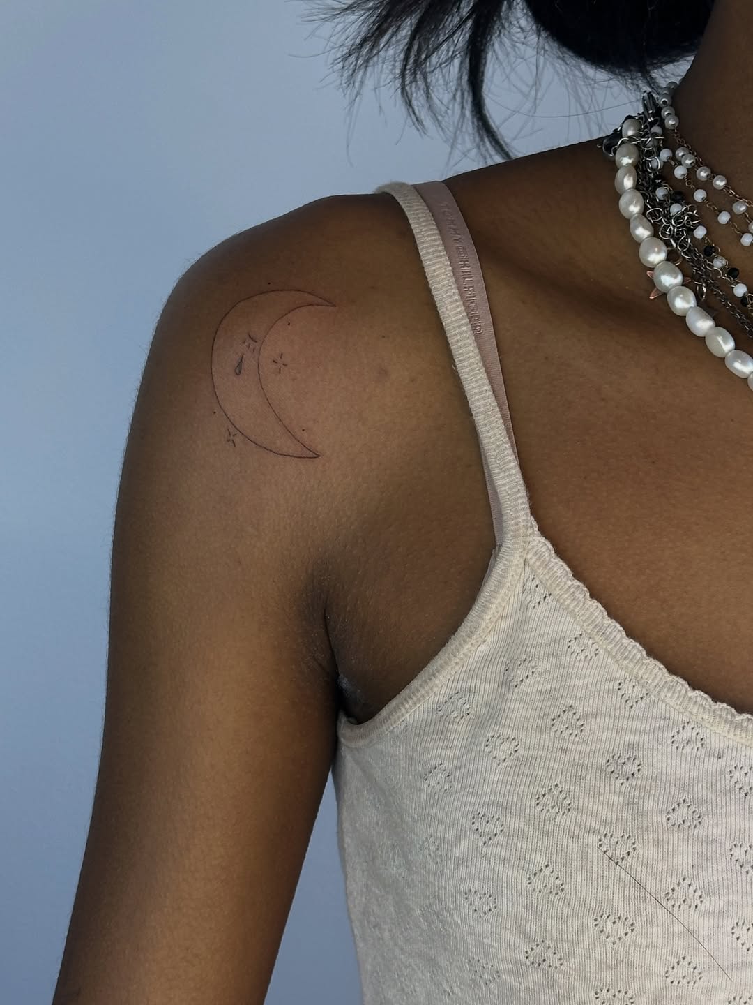 Crescent moon and stars minimalist tattoo on the shoulder by Cherry🥀