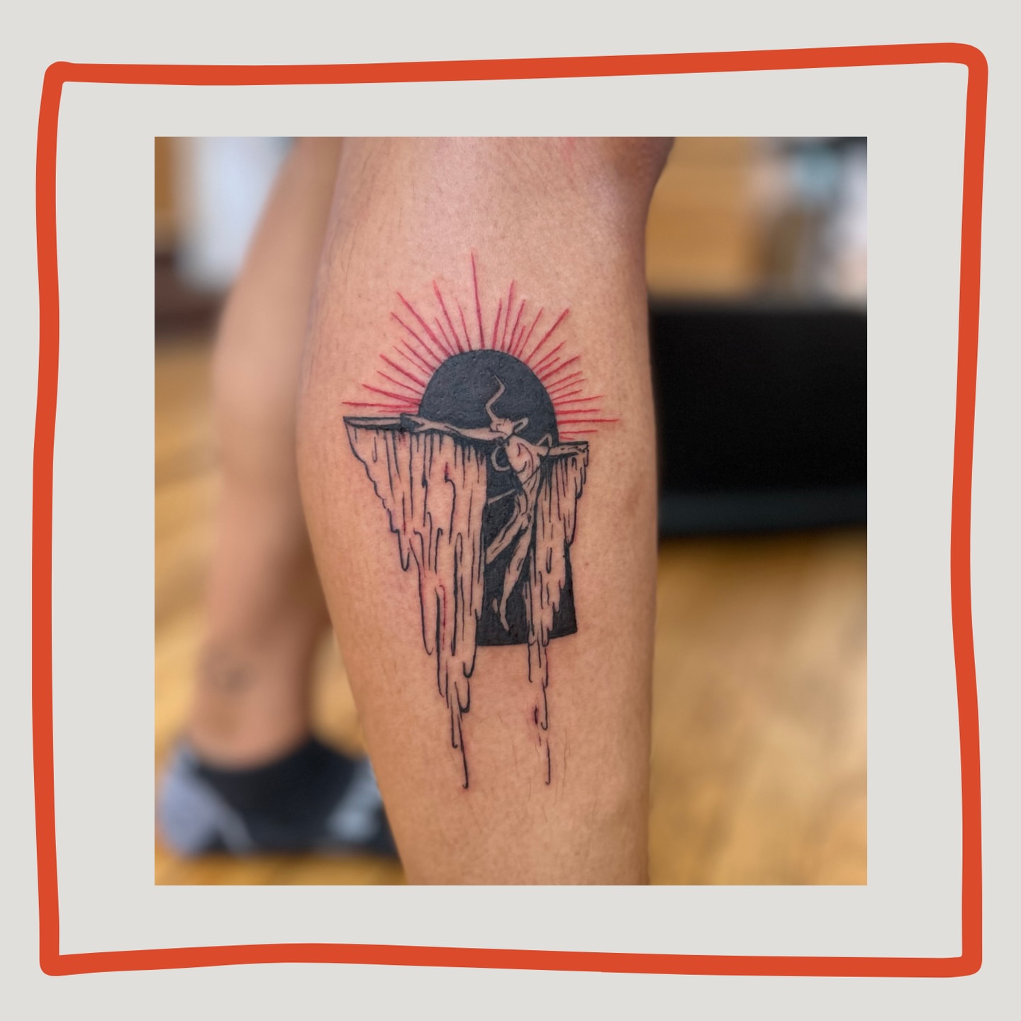 Crucifixion scene neo-traditional tattoo on the leg by Sarah