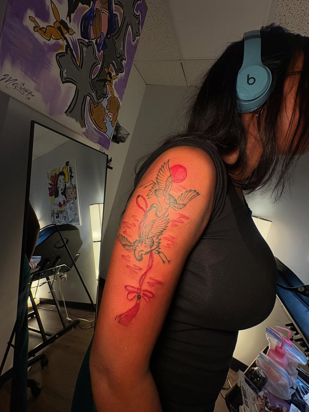 Cranes and sun tattoo on the upper arm by Barbie Mari ๐
โญ๏ธ