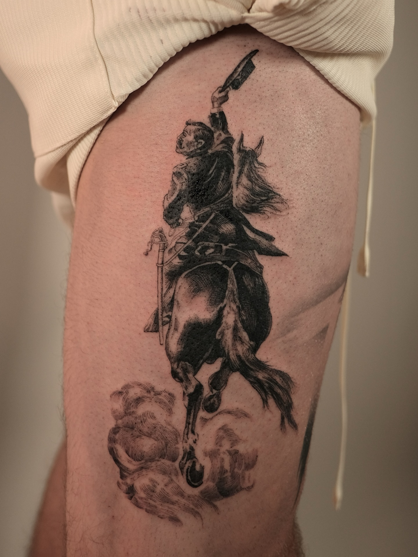 Rider on horseback realism tattoo on the thigh by Zanereti