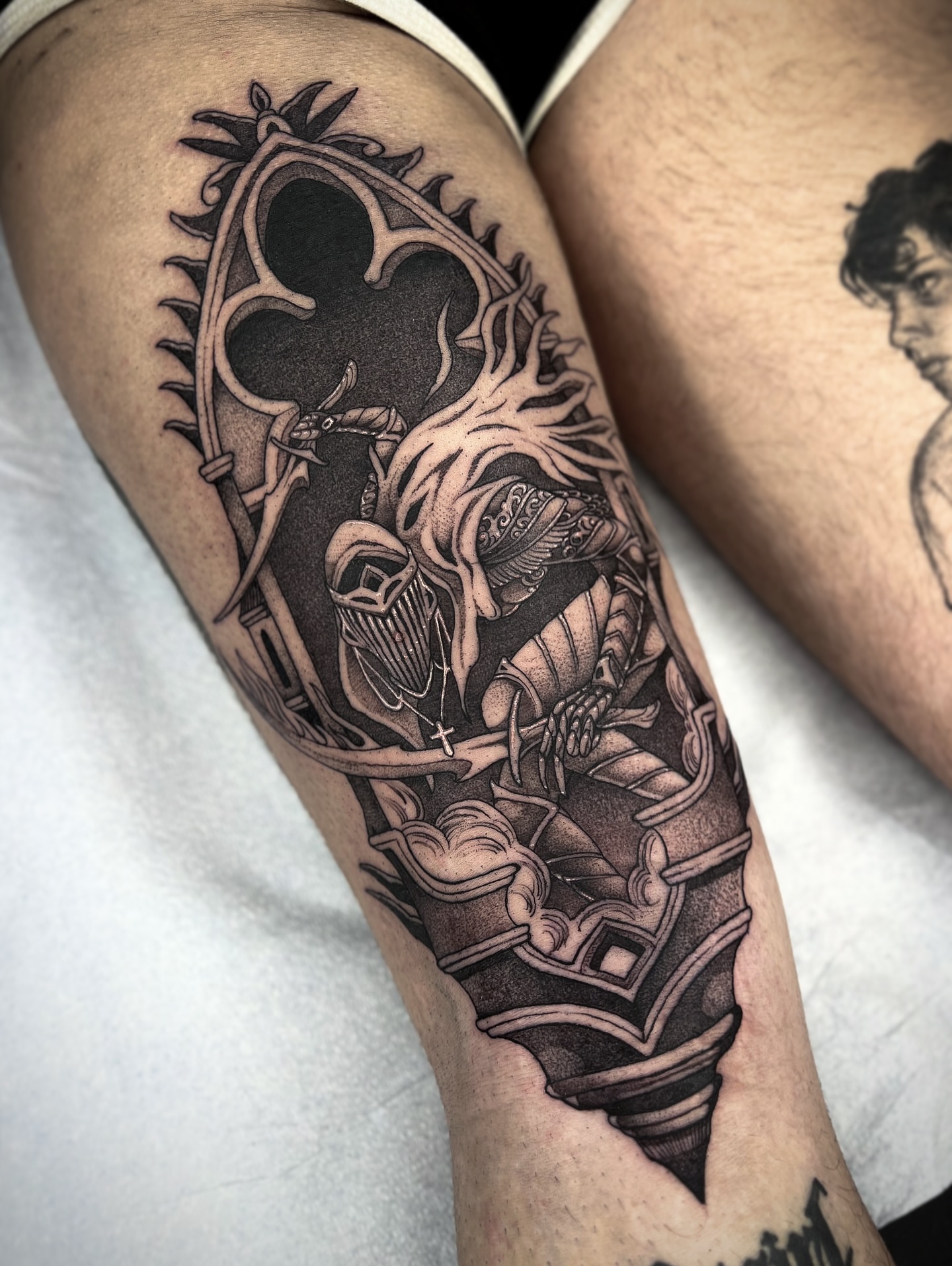 Skeleton warrior realism tattoo on the forearm by Kaysee Shuster