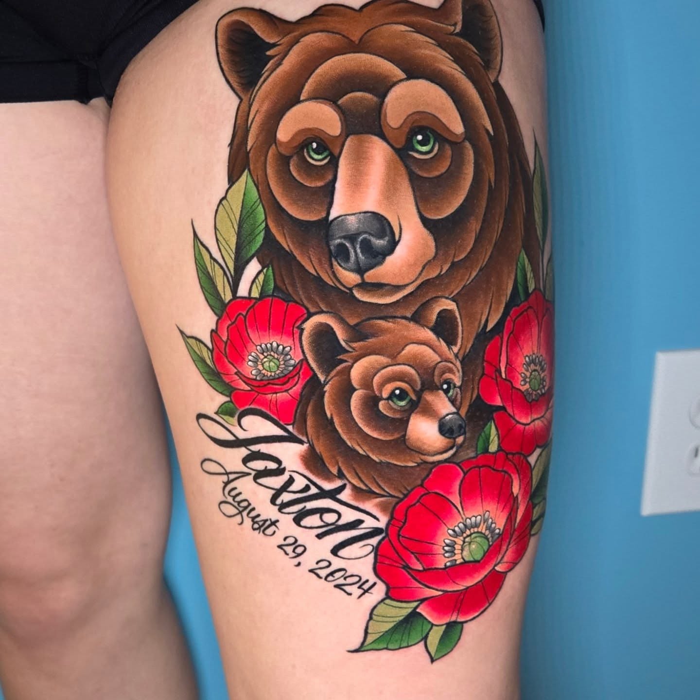 Bear family with flowers American traditional tattoo on the thigh by Jeff Stager