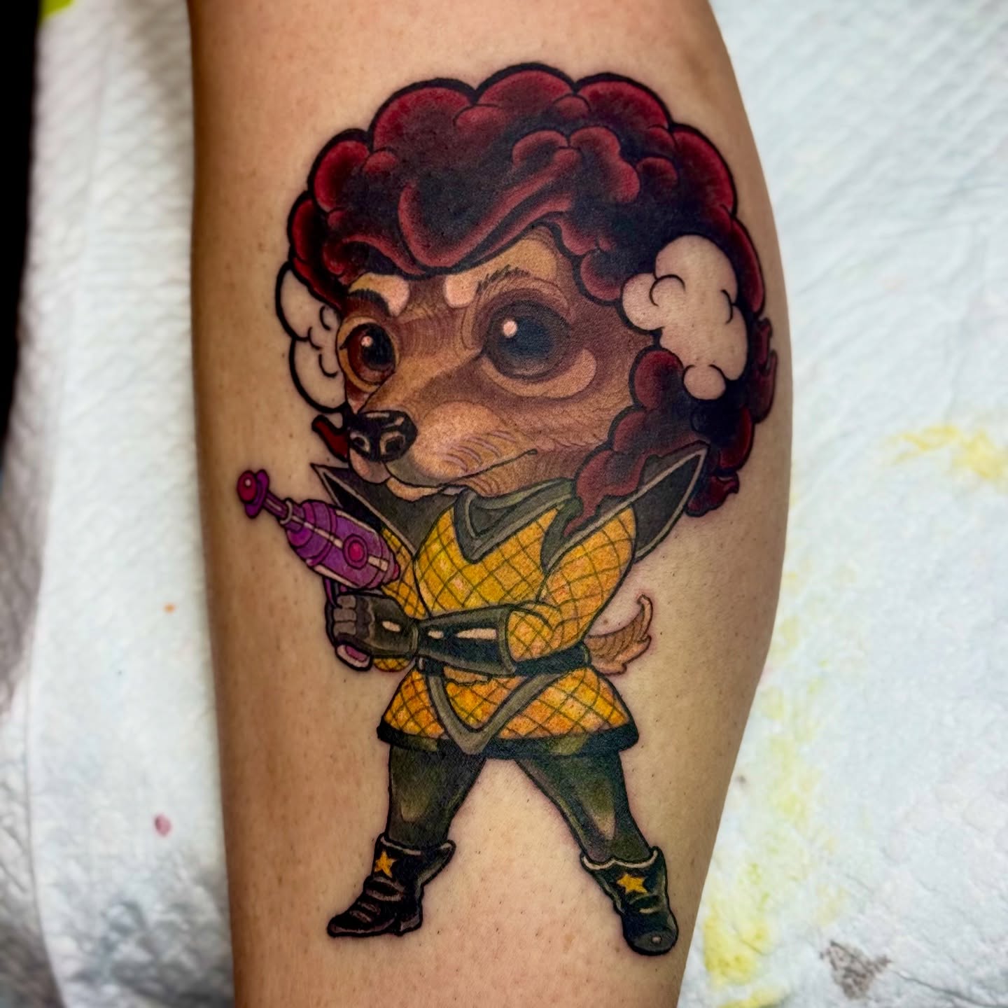 Chibi character illustrative tattoo on the forearm by Bacon 🥓