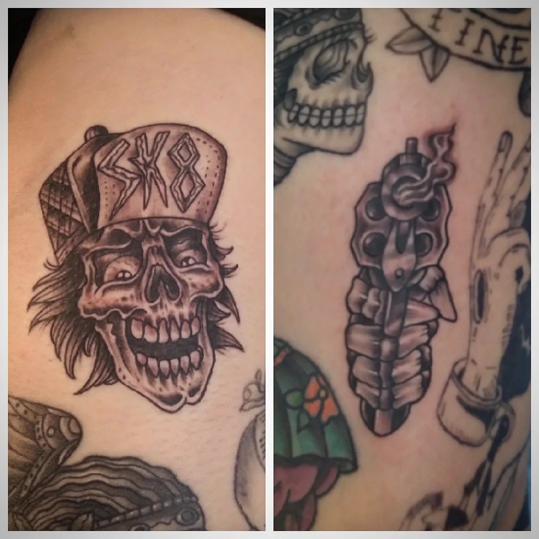 Skull wearing cap American traditional tattoo on the shoulder by Josh Sroga