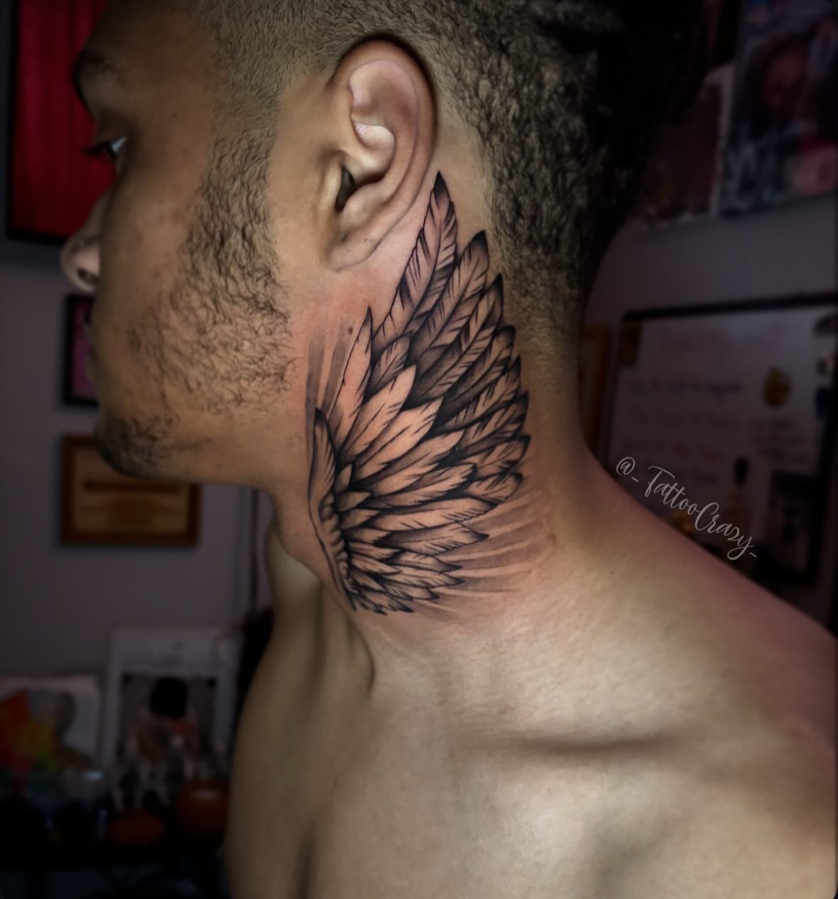 Wing black and grey tattoo on the neck by TattooCrazy🎭