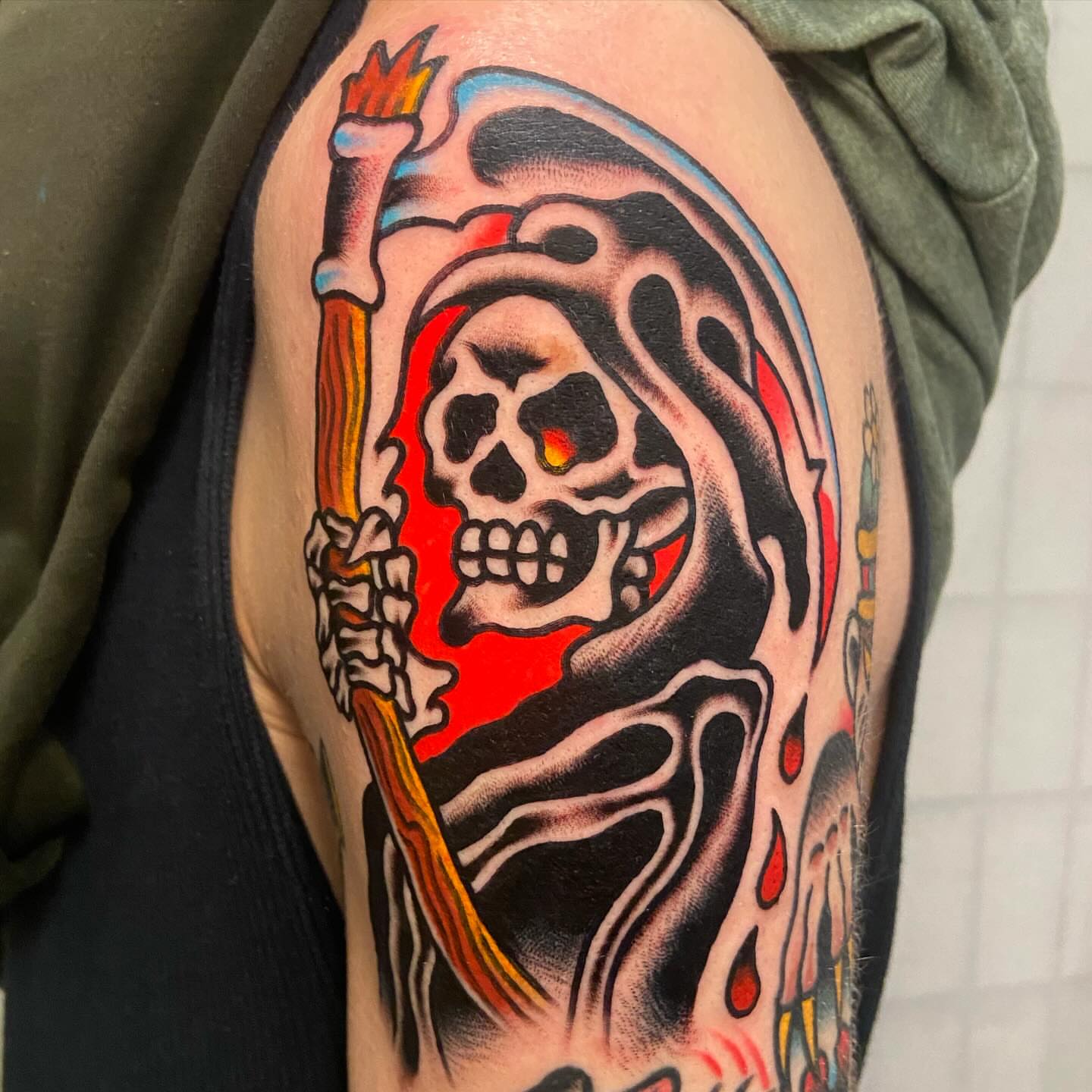 Grim reaper American traditional tattoo on the shoulder by Anthony Jaeger, Seattle, Washington