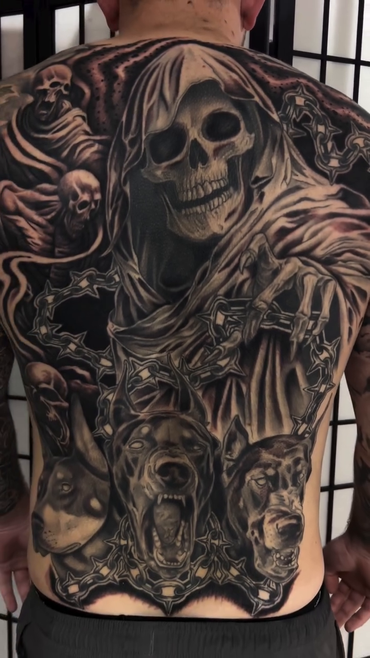 Tattoo by @nickbridwelltattoo — dark_realism, black_and_grey