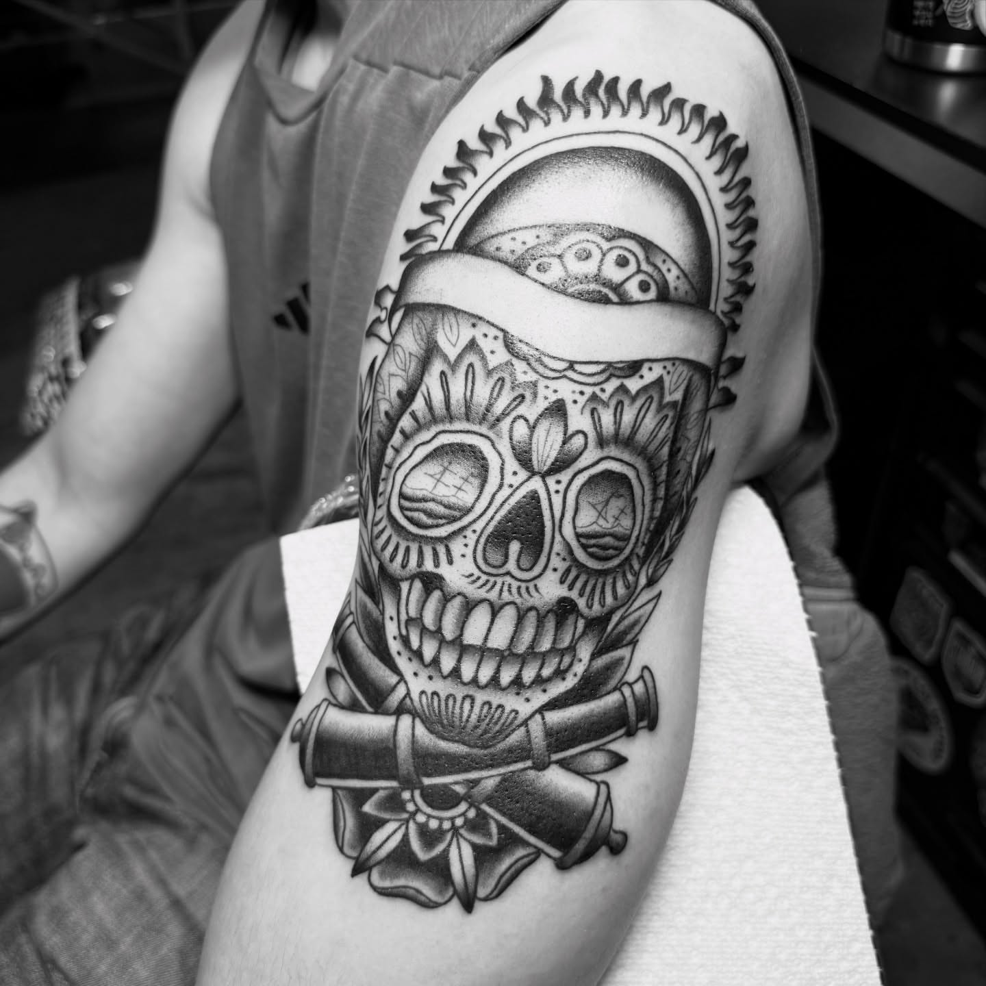 Sugar skull black and grey tattoo on the forearm by Hannah Edwards, Austin, Texas