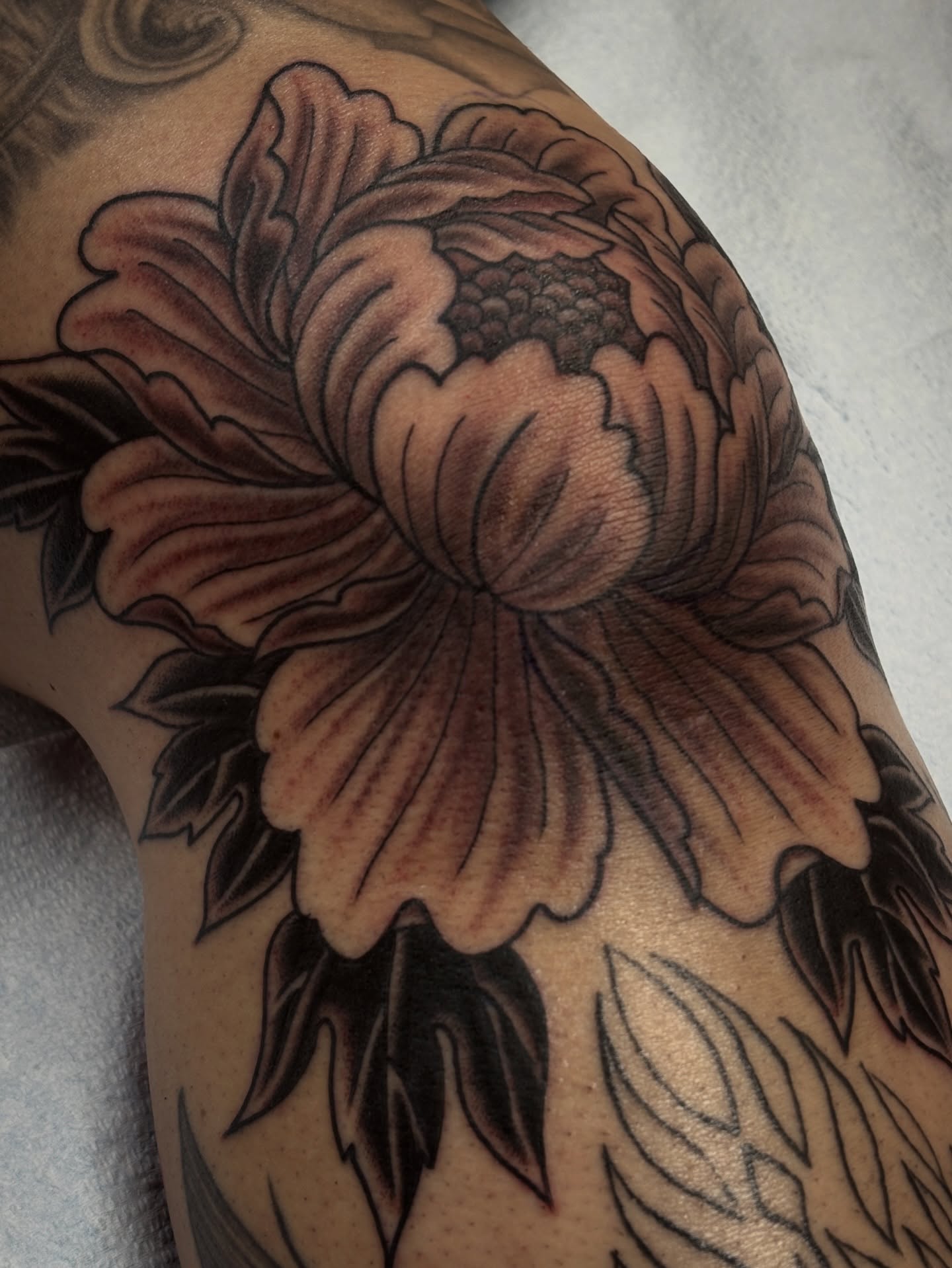 Flower black and grey tattoo on the shoulder by Carlos Gonzalez Tattoo, Dallas, Texas
