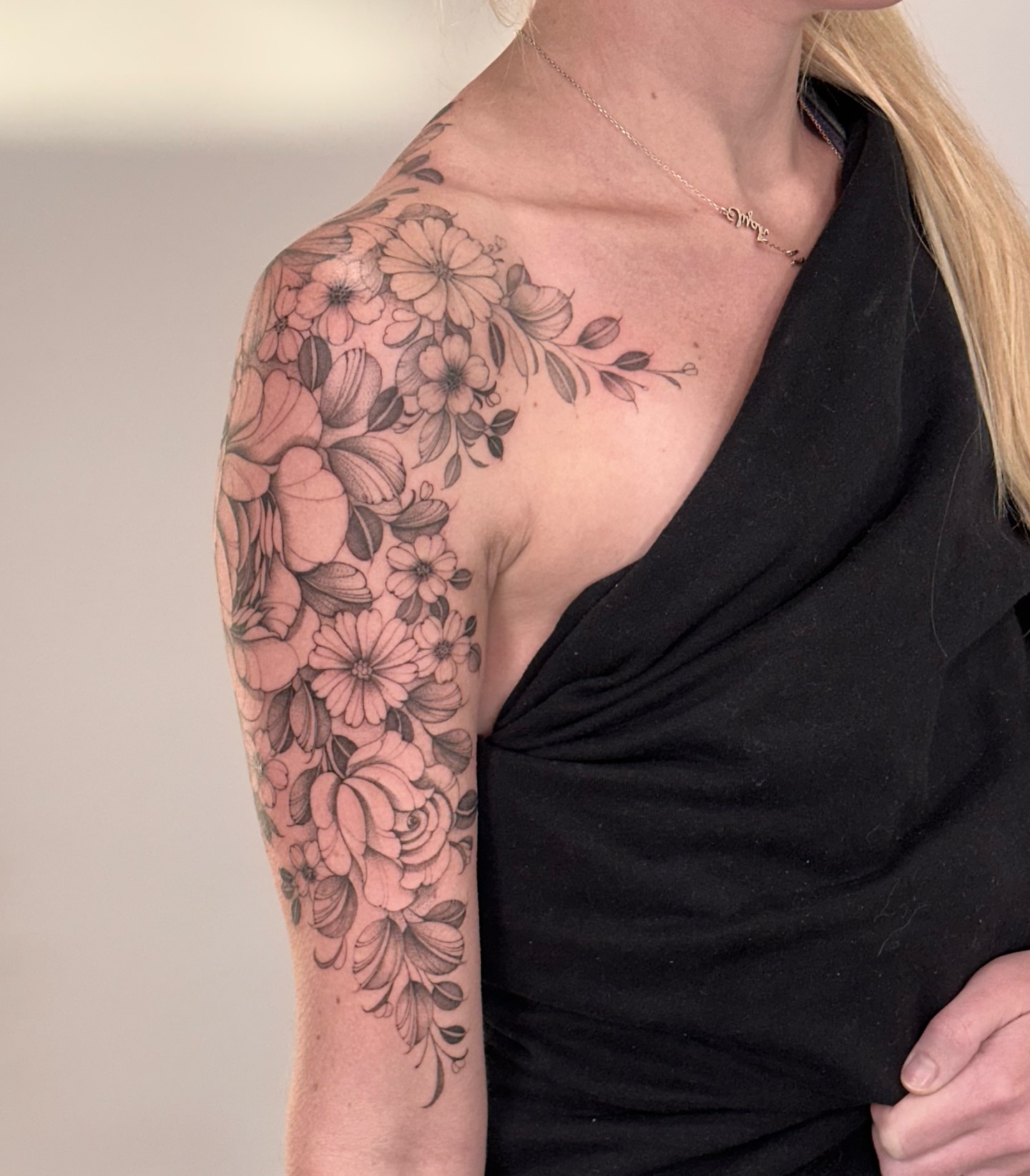 Floral bouquet black and grey tattoo on the shoulder by ᴍɪᴄʜᴇʟʟᴇ, New York, New York