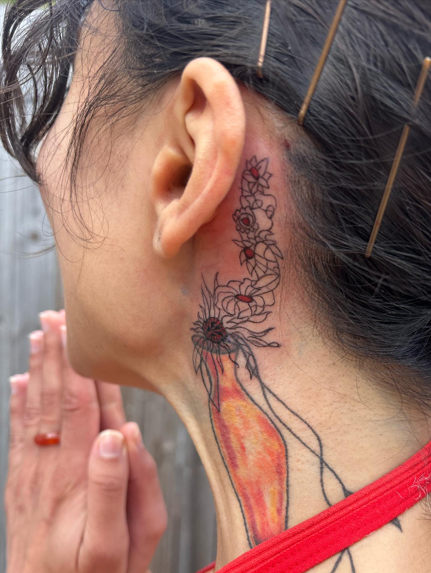 Sunflower and floral black and grey tattoo on the neck by ✧✦ ☻ ✦✧