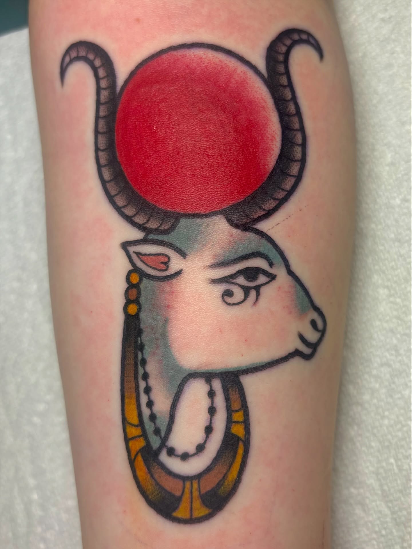 Goat head with red sun American traditional tattoo on the forearm by edith🌷, Murfreesboro, Tennessee