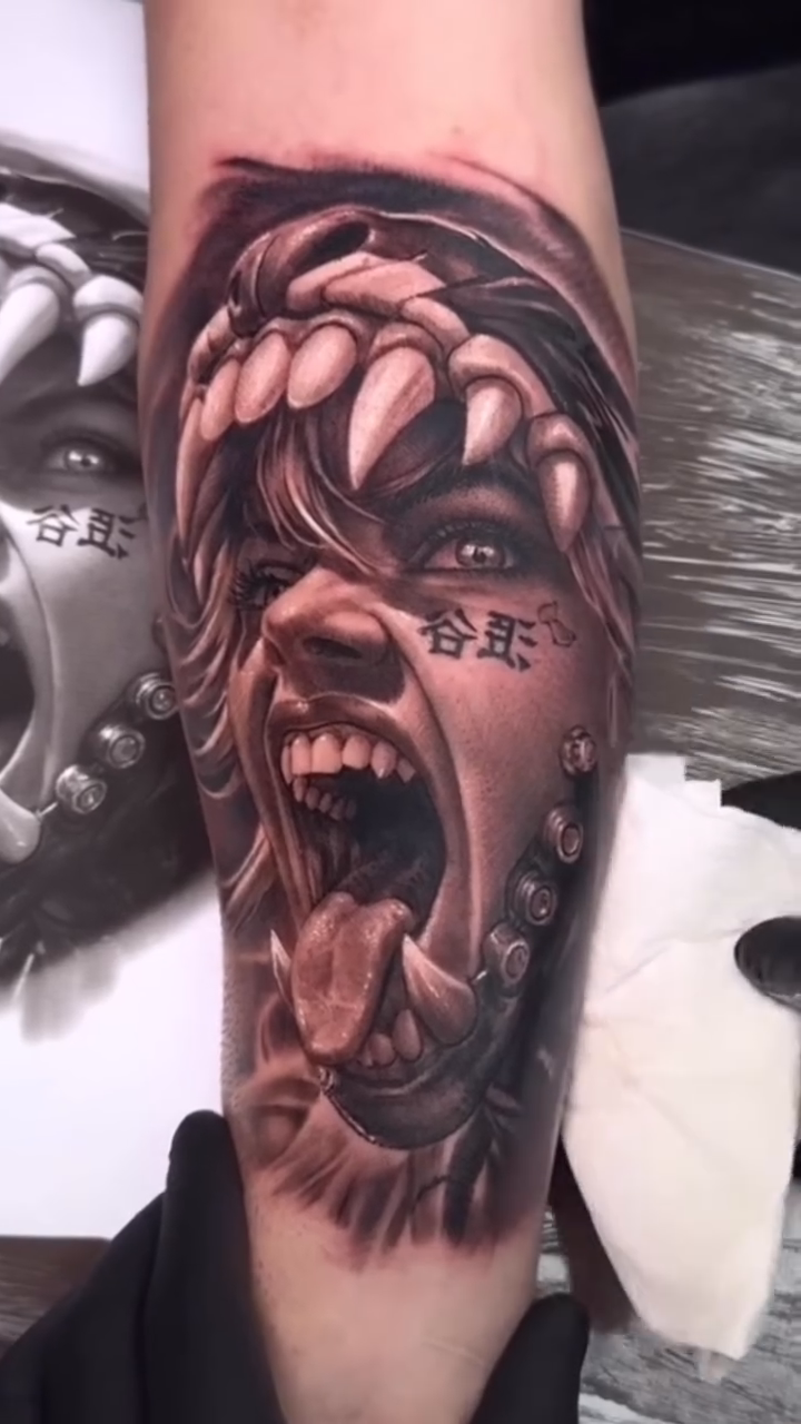 Screaming woman with fangs realism tattoo by Francis nieves, Miami, Florida