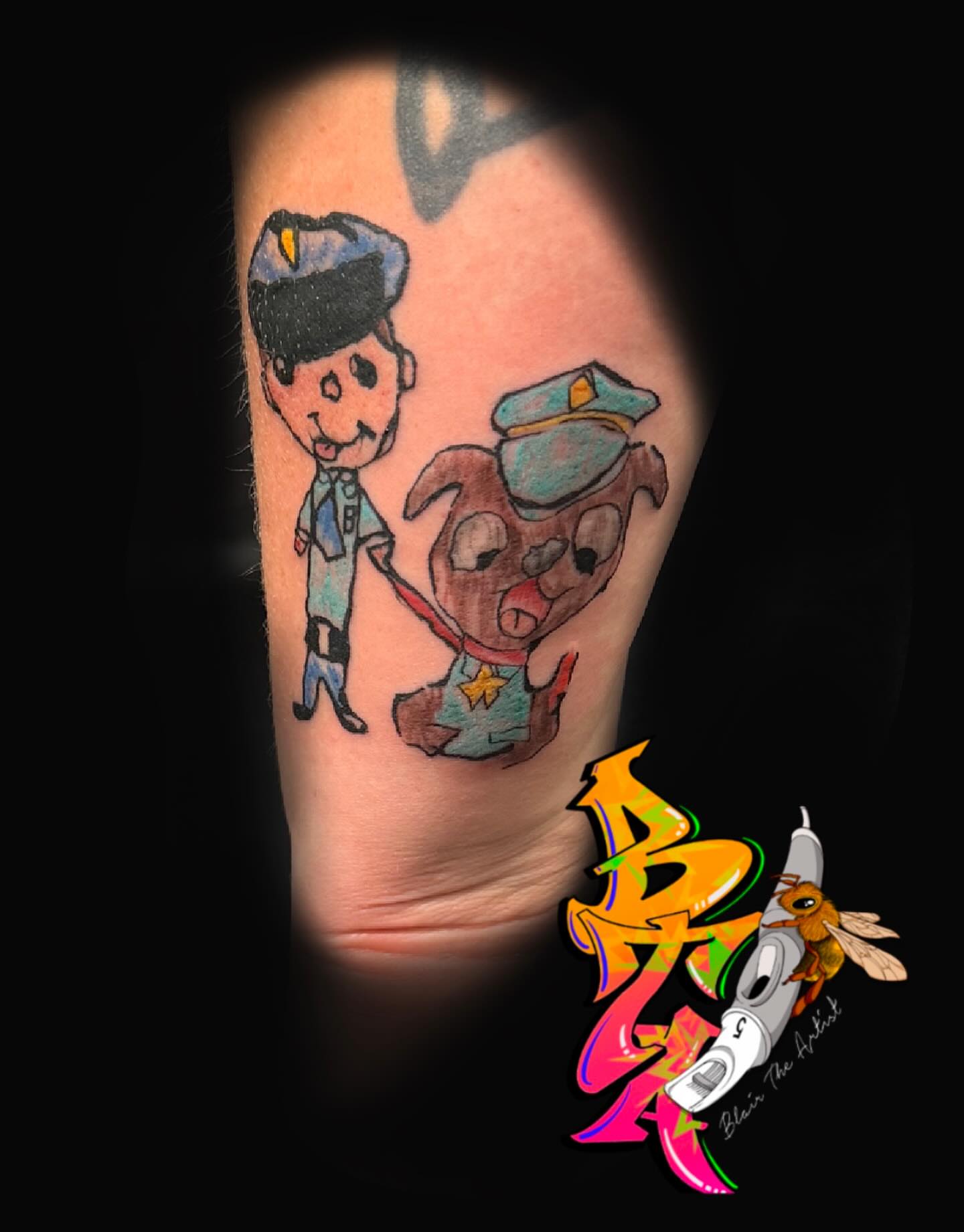 Police officer and dog new school tattoo on the forearm by Blair The Artist!