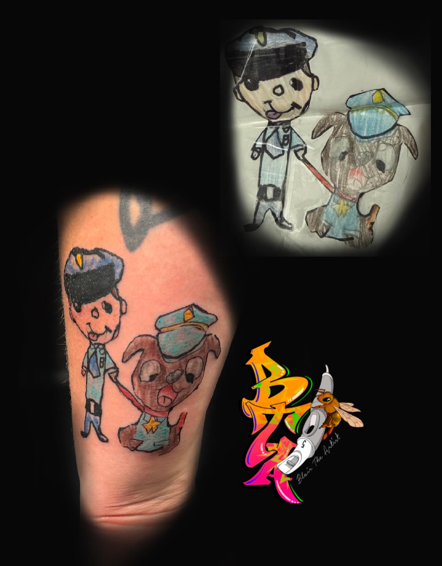 Police officer and dog American traditional tattoo on the forearm by Blair The Artist!