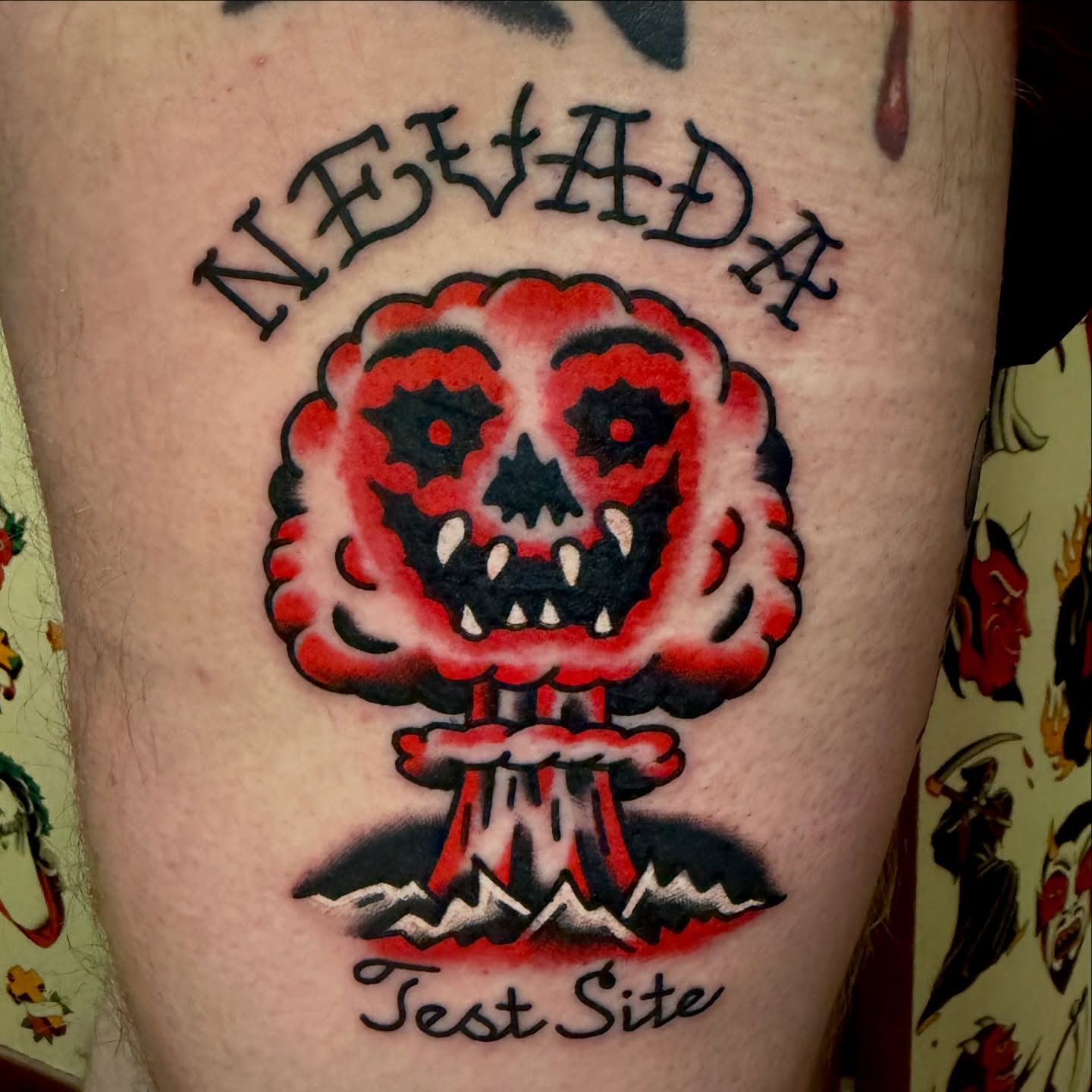 Nuclear explosion American traditional tattoo on the thigh by Buddy (Holiday) Orr, Las Vegas, Nevada