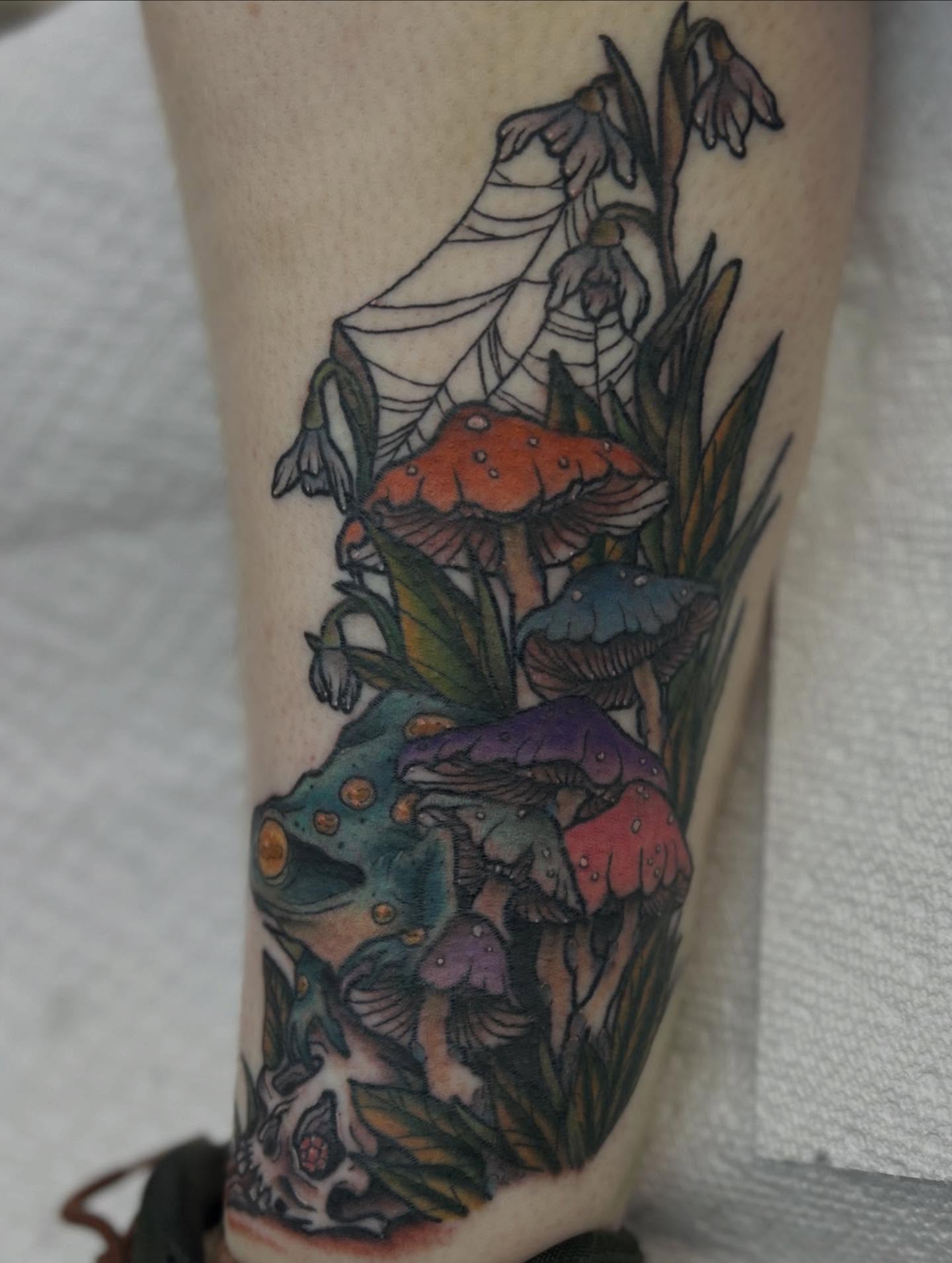 Mushroom forest dotwork tattoo on the forearm by Abby Watts, Columbus, Ohio