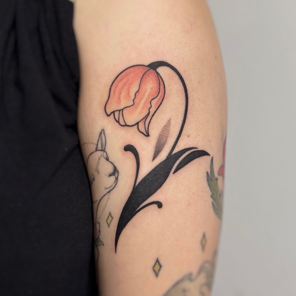 Tulip new school tattoo on the forearm by Alicia