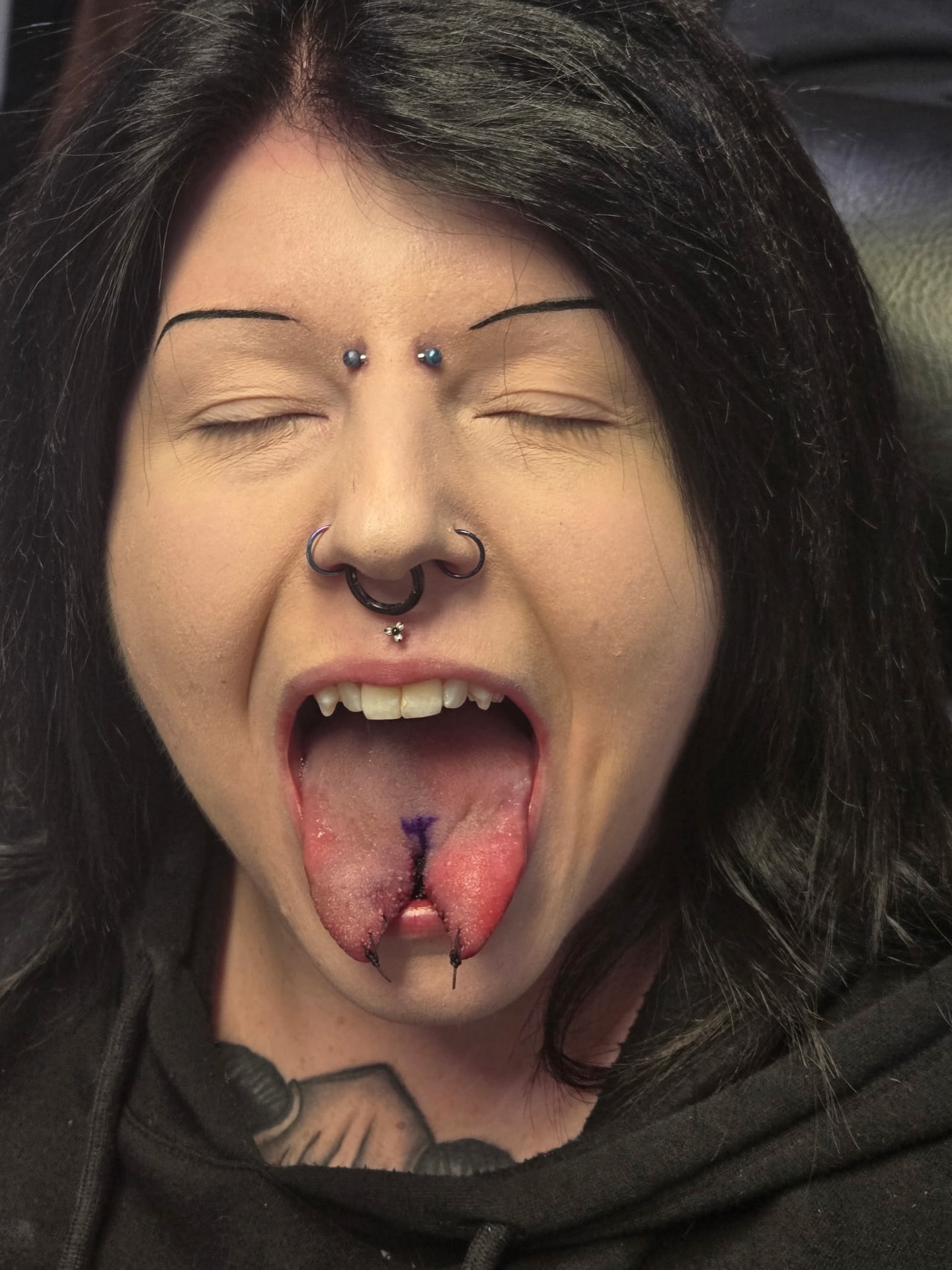 Tongue piercing black and grey tattoo by Jessica π