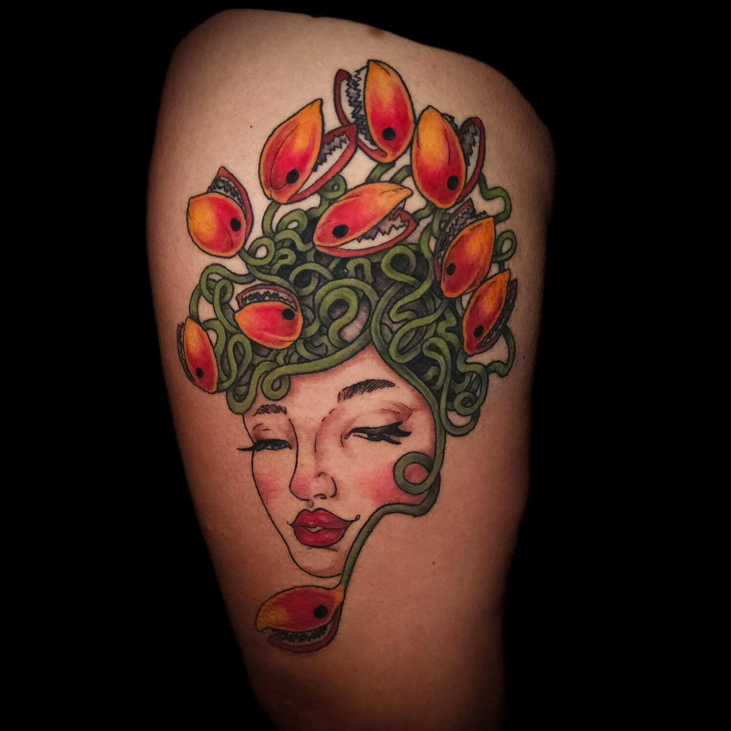 Woman with snake-like hair neo-traditional tattoo on the thigh by Eva the Tattoo Fartist in Seattle, WA, Seattle, Washington