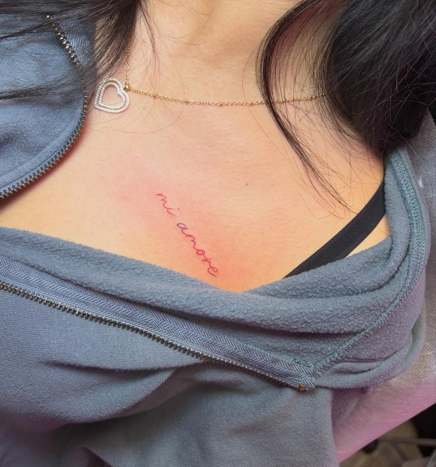 Mi amore lettering script tattoo on the chest by Vegas Tattoo Mommy ๐๐, Las Vegas, Nevada