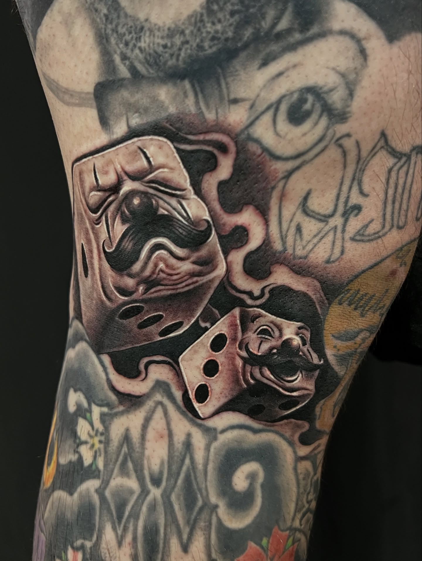 Dice faces American traditional tattoo on the forearm by Thomas Conard